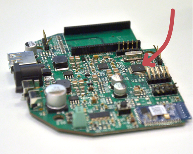Kello’s motherboard and microcontroller (red arrow)