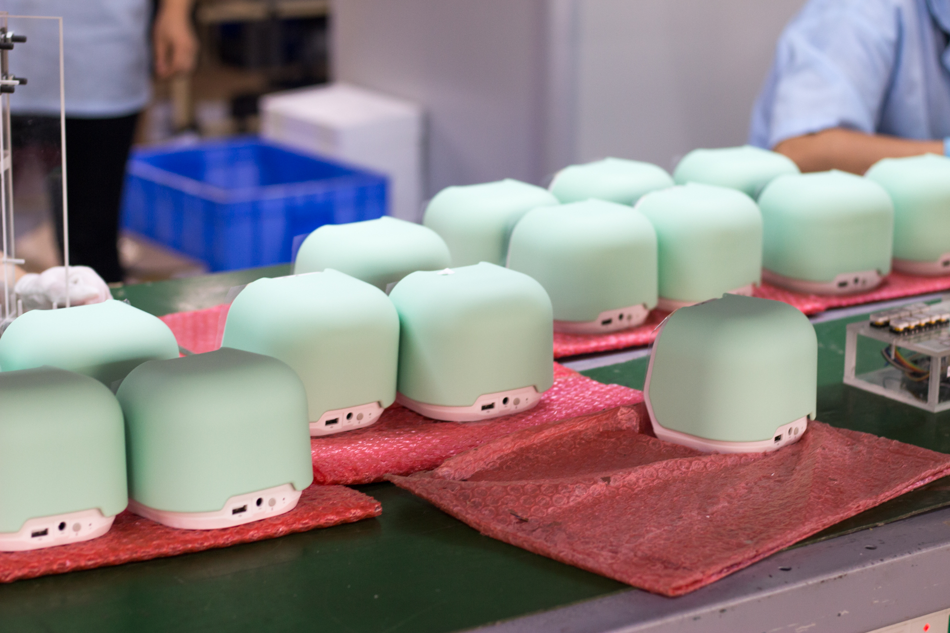 Mint green units waiting for quality control