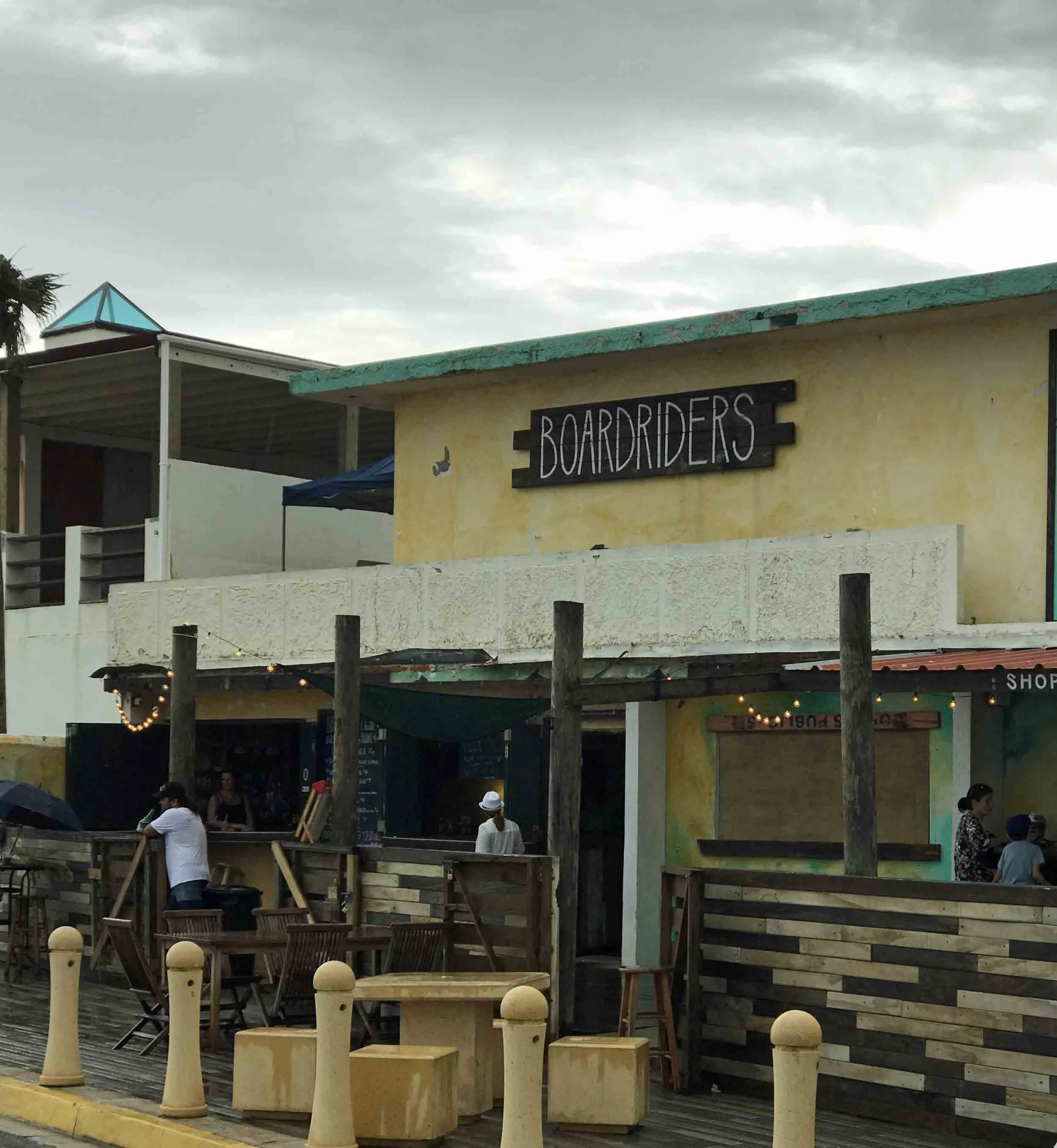 Boardriders is a famous surf bar in Luquillo right on the beach. They serve the best mahi-mahi fish tacos and bushwhackers. They, like many other great local places to eat, are open for business after Maria.