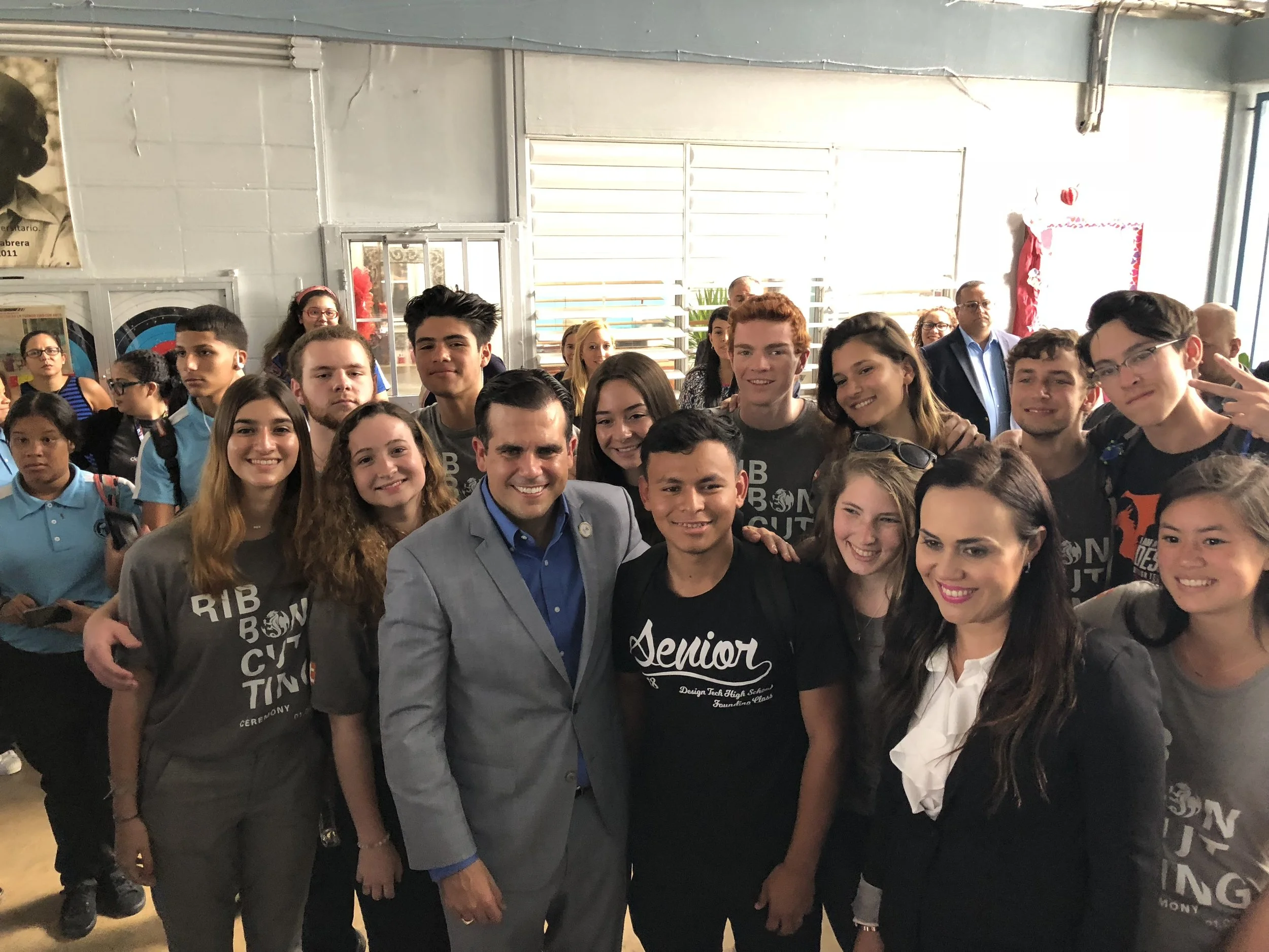 At FMC school with Back row, left to right: Kirby Kromelow, Malakhi Martinez, Anya Karanov, Ross Fulkerson, Tatiana Fakoukaki, Matthew Silverman, Tyler McMahon; Front row, left to right: Georgina Fakoukaki, Daphne Palmeter, Ricardo Rosselló (Governor of Puerto Rico), Jose Obregon, Ally Shirman, Maria McAlister-Young