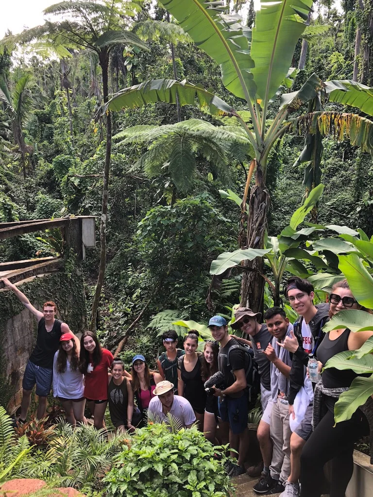 At the trailhead for the Rainforest Inn's "Lost Machete Hike" From left to right: Ross Fulkerson, Daphne Palmeter, Anya Karanov, Maria McAlister-Young, Georgina Fakoukaki, Kirby Kromelow, Malakhi Martinez, Tatiana Fakoukaki, Ally Shirman, Matthew Silverman, Rob Bolt, Jose Obregon, Tyler McMahon, Alma Karanov