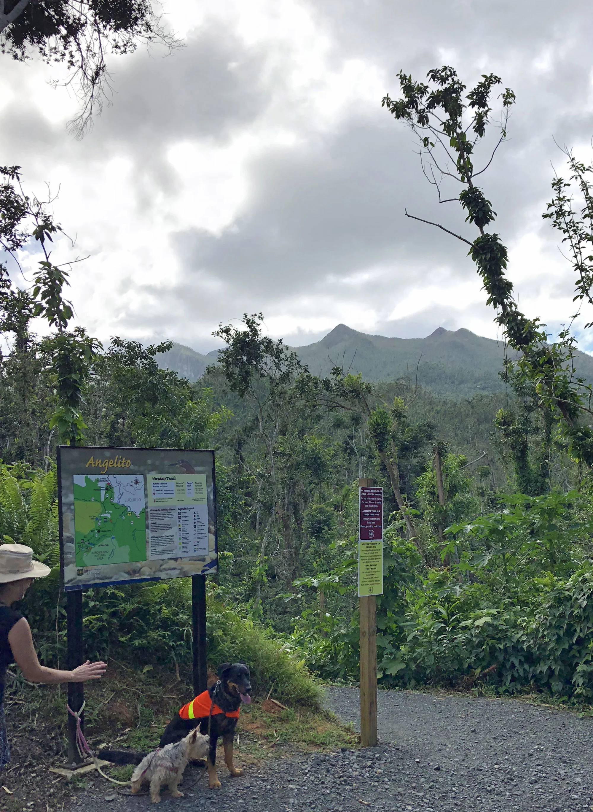 The trailhead for Angelito Trail. Gracie and Simonne are patiently waiting while we talk to the guard.