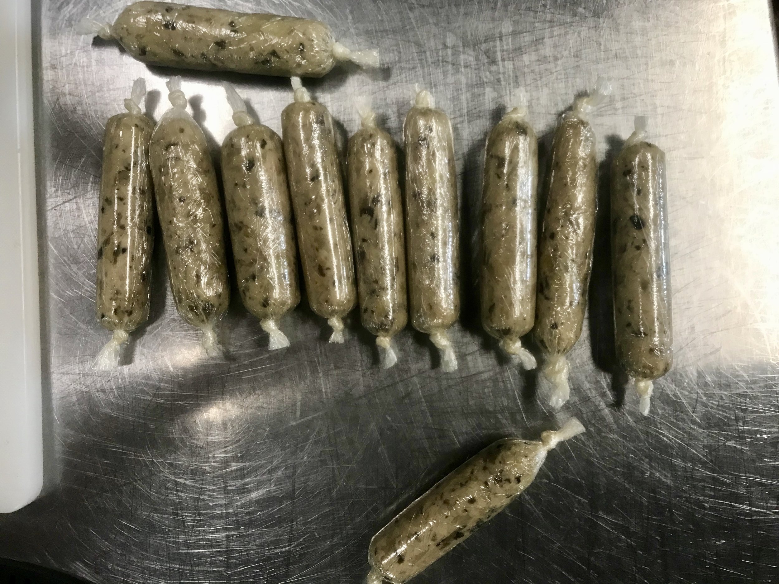 Veggie sausages after they had been rolled out and individually wrapped