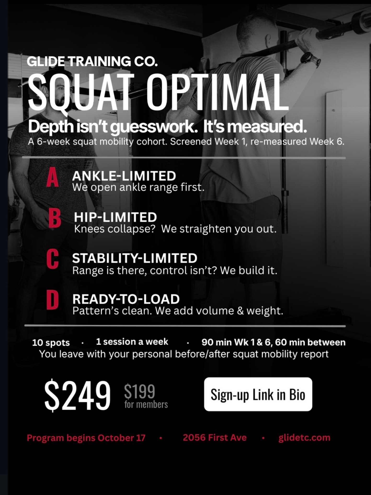 Squat Optimal is a 6-week cohort where we screen you in Week 1, figure out which one is you, and train that. Week 6 we re-measure so you can see the change in numbers, not just feel it.

10 spots only. One session a week. You leave with your own befo