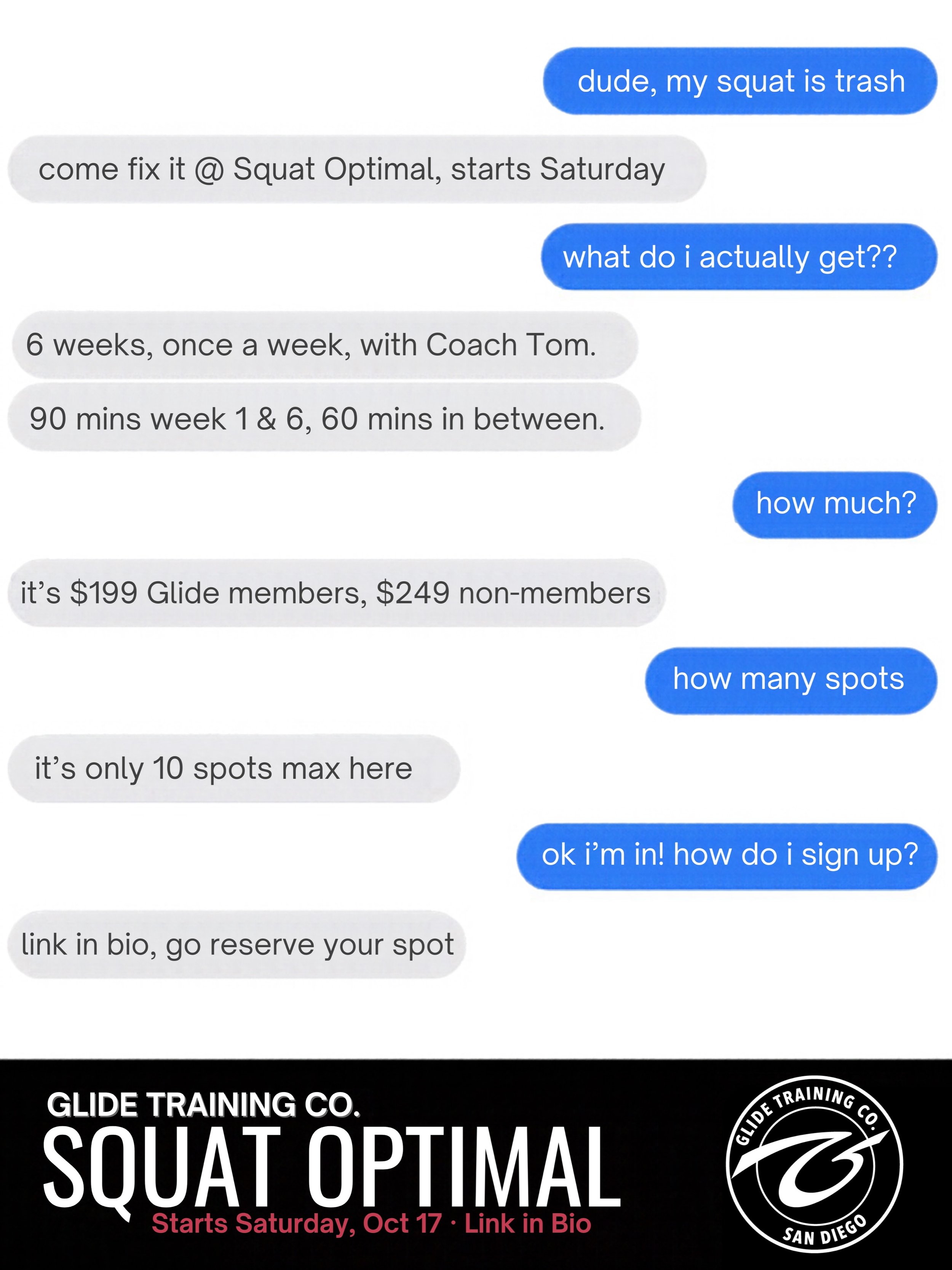 Plot twist: Your squat isn&rsquo;t trash, it&rsquo;s just untrained. 

Squat Optimal at Glide Training Co. starts this Saturday, Oct 17. Six weeks with Coach Tom to dial in your squat&rsquo;s mobility &amp; depth

&bull;Weekly sessions (90 min in wee