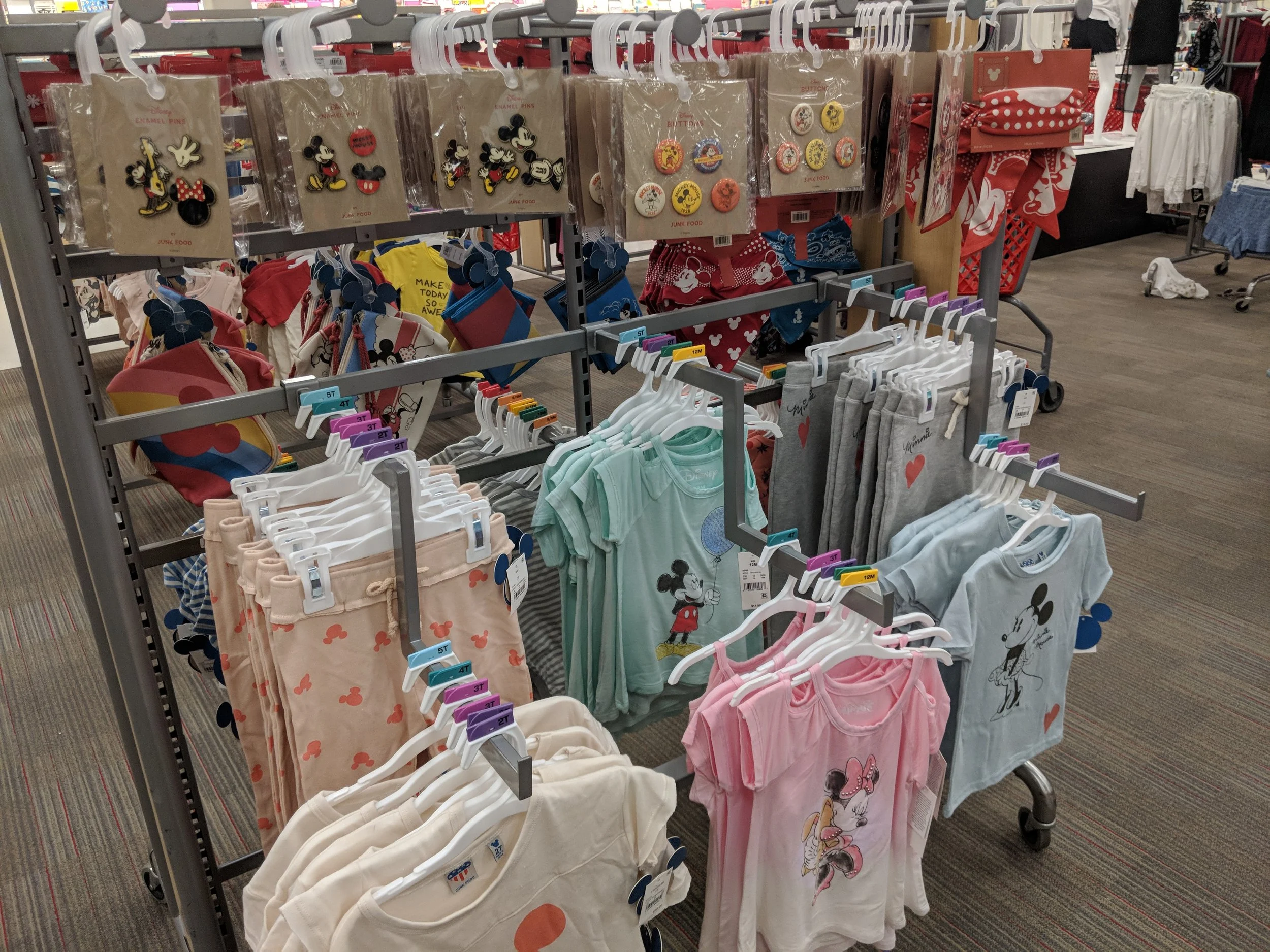 Pins and patches and clothing in the children's section. 