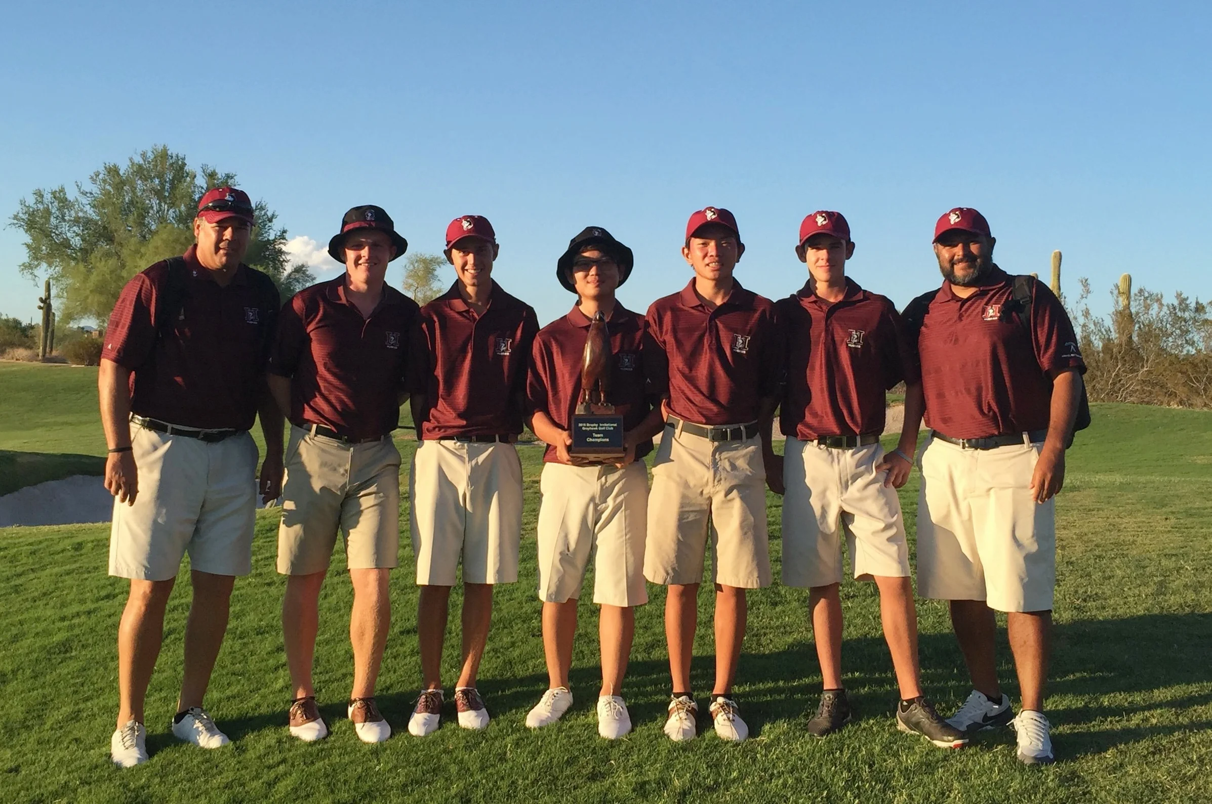 Hamilton boys grab 1st tournament victory of the season at Brophy Invitational! Senior Mason Andersen placed 2nd overall with a 2-day score of 4 under par. Freshman Ethan Adam (+4) performed beautifully & placed 9th overall in his first high school tournament. (Left to right: Mason Andersen, Nic Hedman, Trueman Park with the trophy, Brian Luc & Ethan Adam) — at Grayhawk Golf Club .