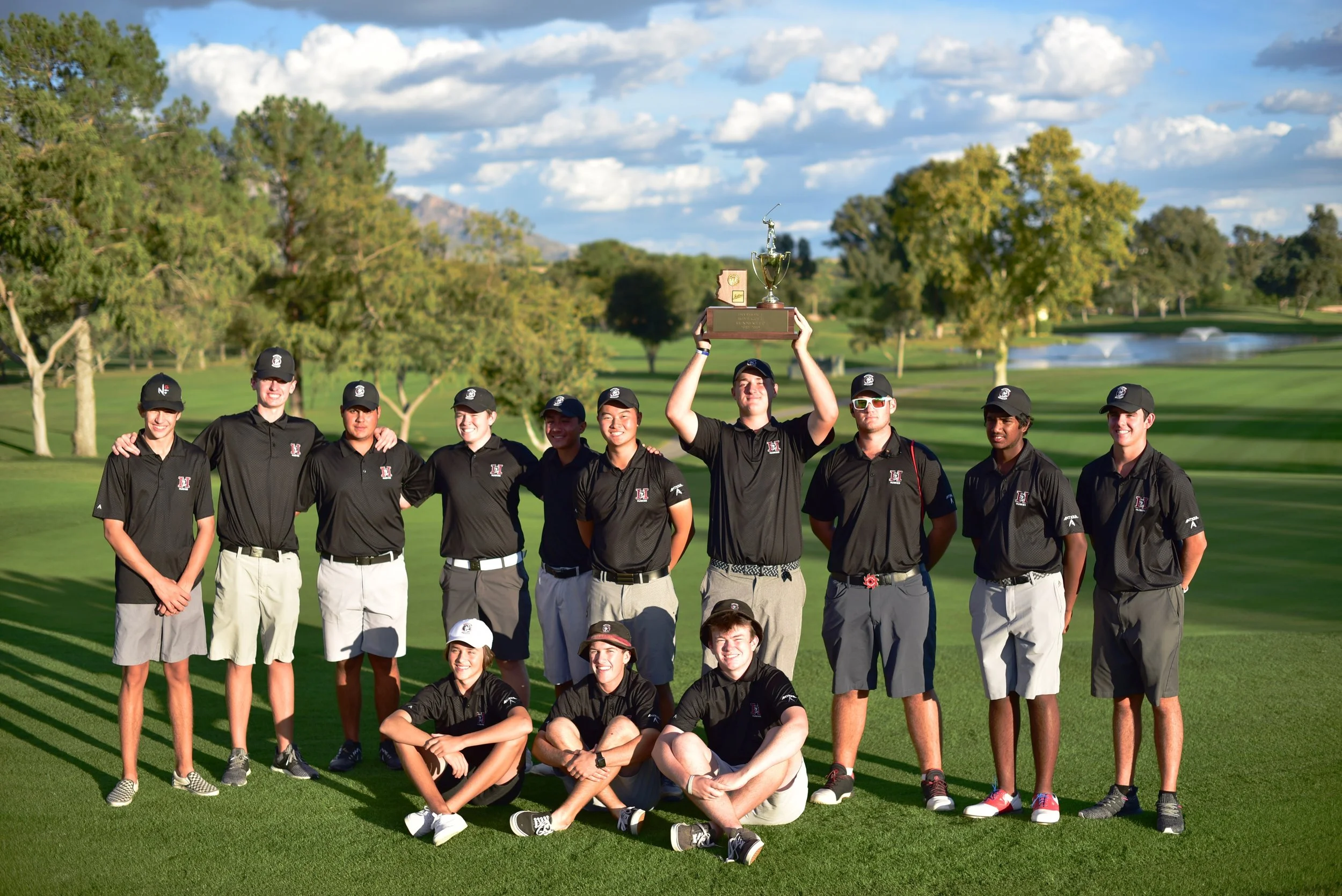 The Hamilton High School Boys Golf Team played an inspiring round two of the 2018 state tournament at Omni Tucson National today. At one point the team came within one shot of eventual winner Brophy Prep, only to finish 8 shots back at the end. This is the 2nd runner up team finish at state in the last four years. Senior Alexander Yu shot a team low round of 68 to finish in a tie for 10th place with teammate freshman Mahanth Chirravuri (69-73=142). Both earned 1st team All-State honors for their outstanding play! Senior Caden Rice (72-73=145) and sophomore Johnny Walker (71-74=145) placed in a tie for 15th amongst individuals. Senior Alejandro De Zavala (73-82=155) came in solo 45th place in the field.