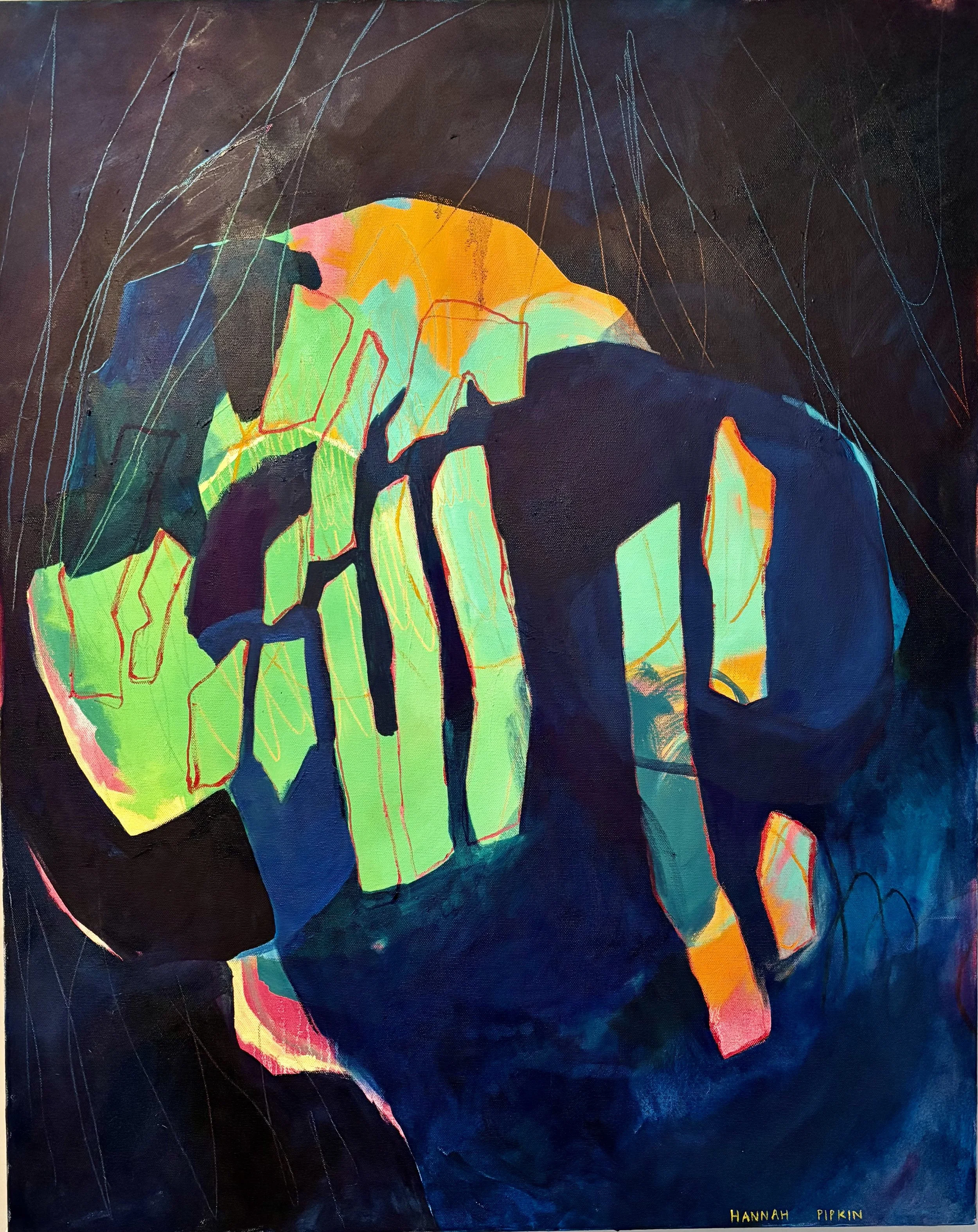 Painting made with many layers - dark blue background, turquoise lines throughout, large blue shape in the middle with neon green, orange, and pink chunks.