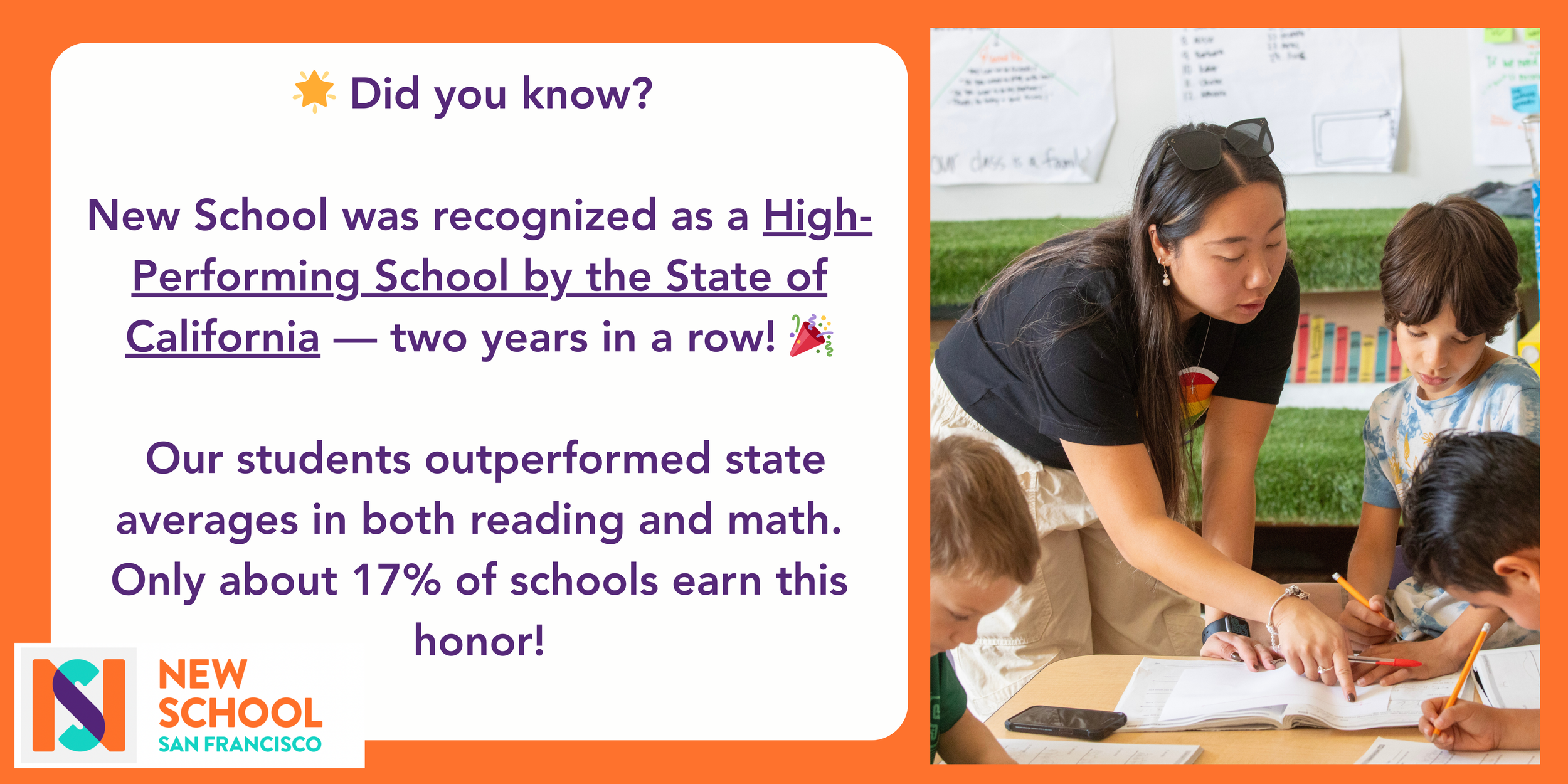 New School was recognized as a High-Performing School by the State of California — two years in a row!