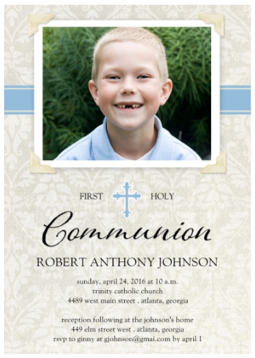 Damask Communion Blue first communion invitation