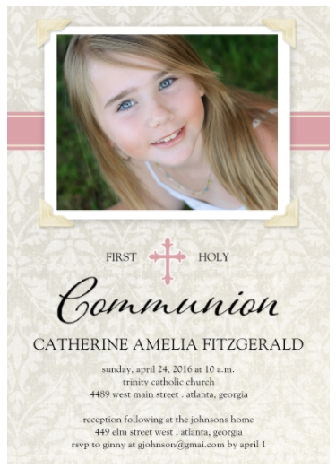 Damask Communion Pink first communion invitation