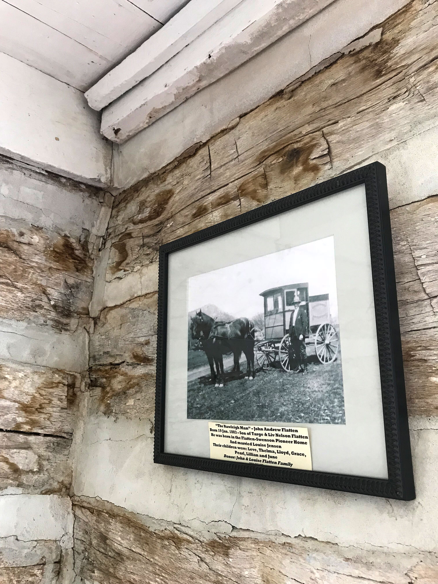 A photo of Targe and Liv’s son, John Andrew, who was born in the Flatten-Swenson house.Also, notice the ceiling construction detail. Perhaps this extra wood was added to fill gaps that let cold air in.