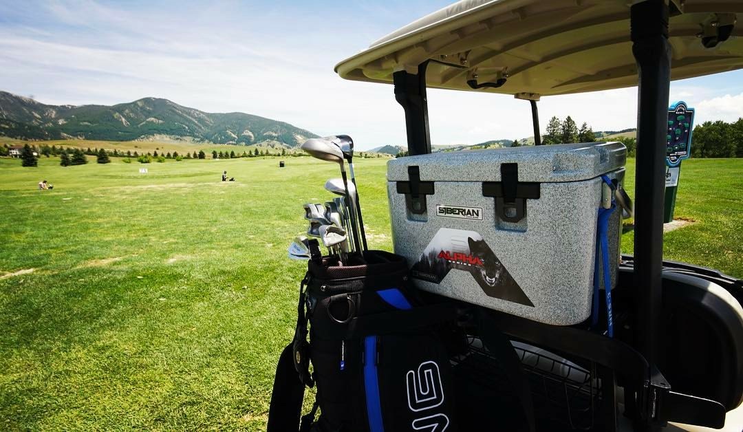 Alpha Pro Series 22 Quart Cooler on the back of a golf cart