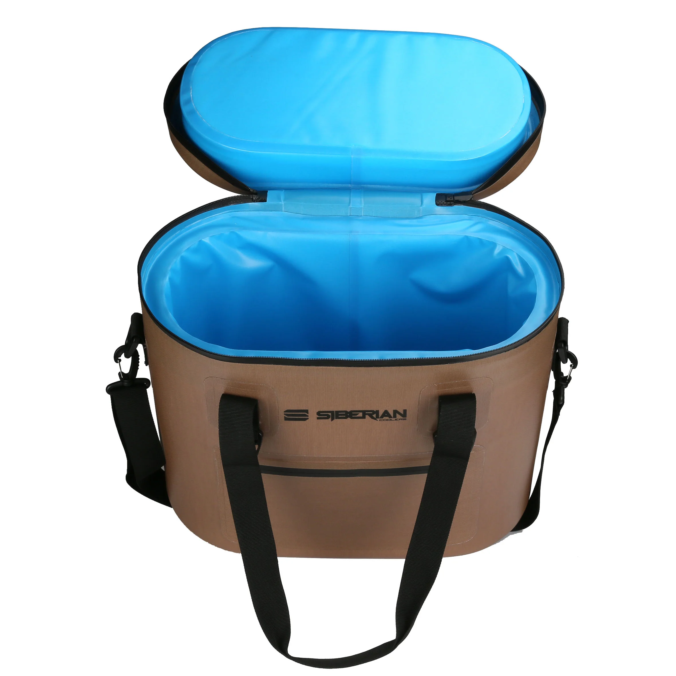 Siberian Coolers New Sidekick Soft Cooler Bag in Saddle Brown color with lid opened