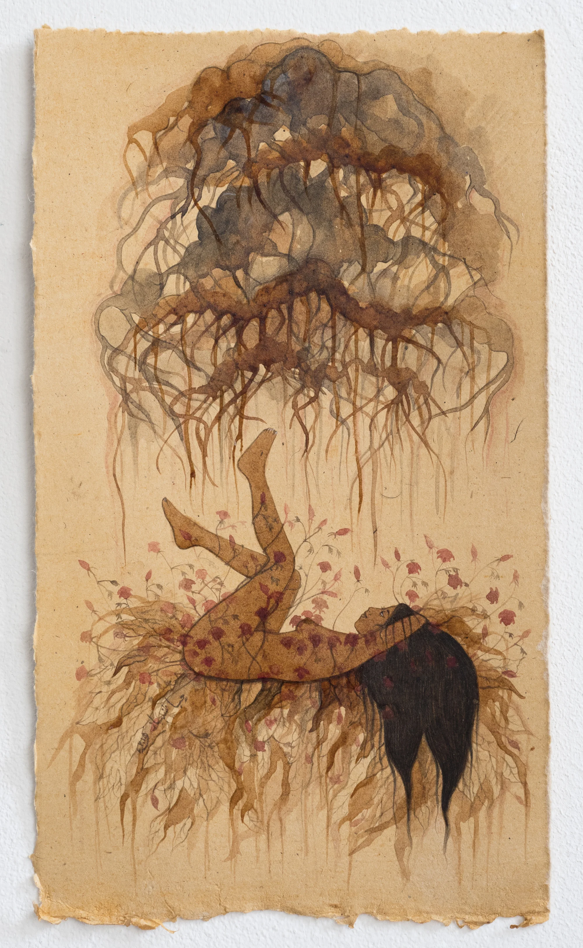 Hiba Shabbaz Untitled (Work In Tea) 2015 Tea and WaterColor on Earth Stained Papers 7” x 11”