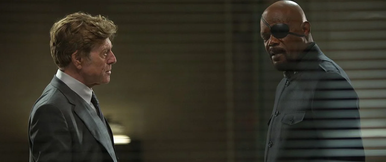Robert Redford and Samuel L. Jackson in Captain America: The Winter Soldier (2014).