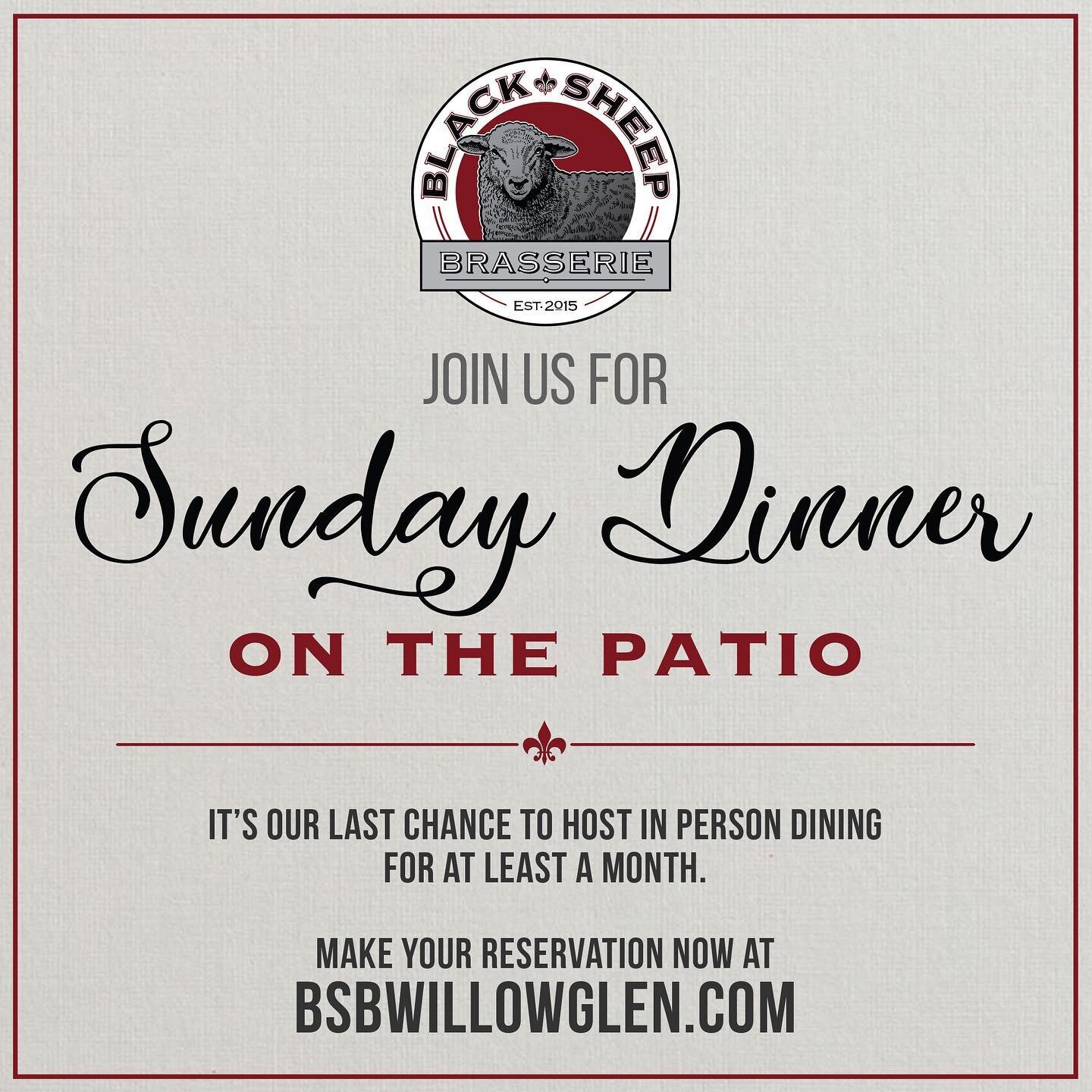 Well, we are going back to where this all began back in March. 

With that said we get one last weekend to host you on our patio, which means we are opening up Sunday the 6th, 5pm-8pm for both patio dining and curbside pick-up! Click the &ldquo;reser