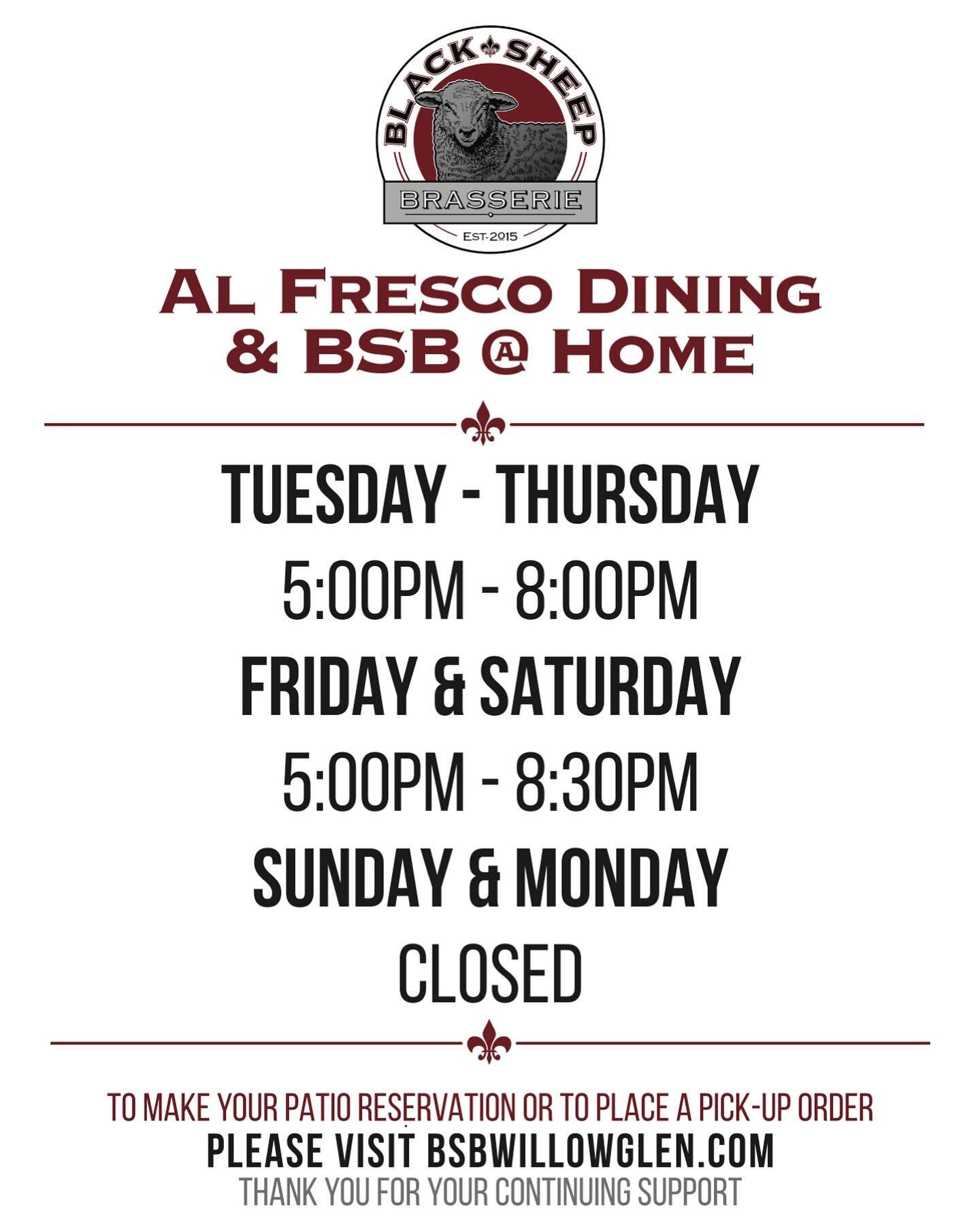 For those that may not know, we are now open 5 nights a week!

Our curbside pick-up menu has expanded, and we have limited al fresco dinner reservations!

Please note, we kindly ask that to-go orders and ALL reservations are booked online through the