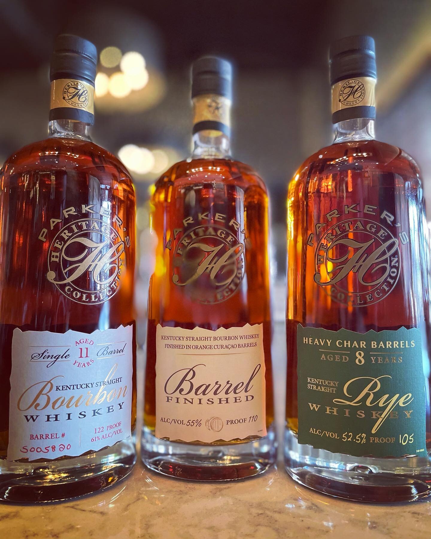 Parker&rsquo;s Heritage Collection Flight
1oz pour of each:

&bull;11th Ed. 11YR Single Barrel Bourbon
&bull;12th Ed. Orange Curaçao Barrel Finished Bourbon
&bull;13th Ed. Heavy Char Barrels 8YR Rye

Quantities are limited! Purchase with your curbsi