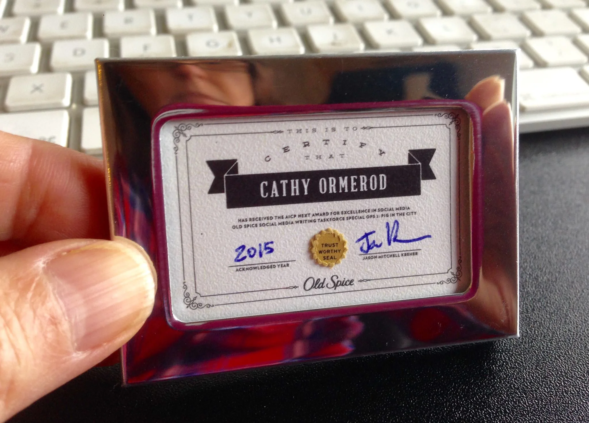  my very own certificate for Advertising Excellence awarded at the AICP show! 