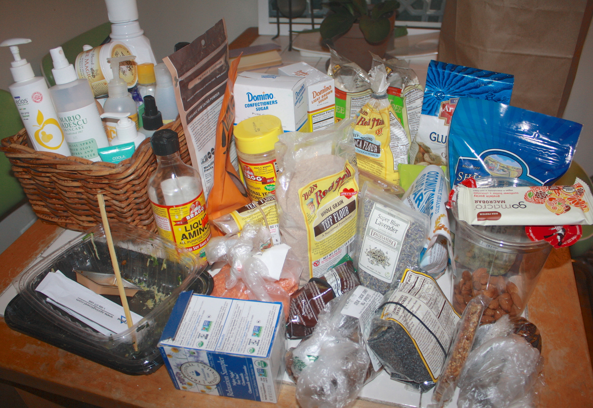 I took this picture because I was blown away at my over consuming habits, and these items are just not necessary to buy in all the plastic packaging. This was mostly baking goods I stocked up on every couple weeks! The basket to the left is just a bunch of beauty products that kept piling. 