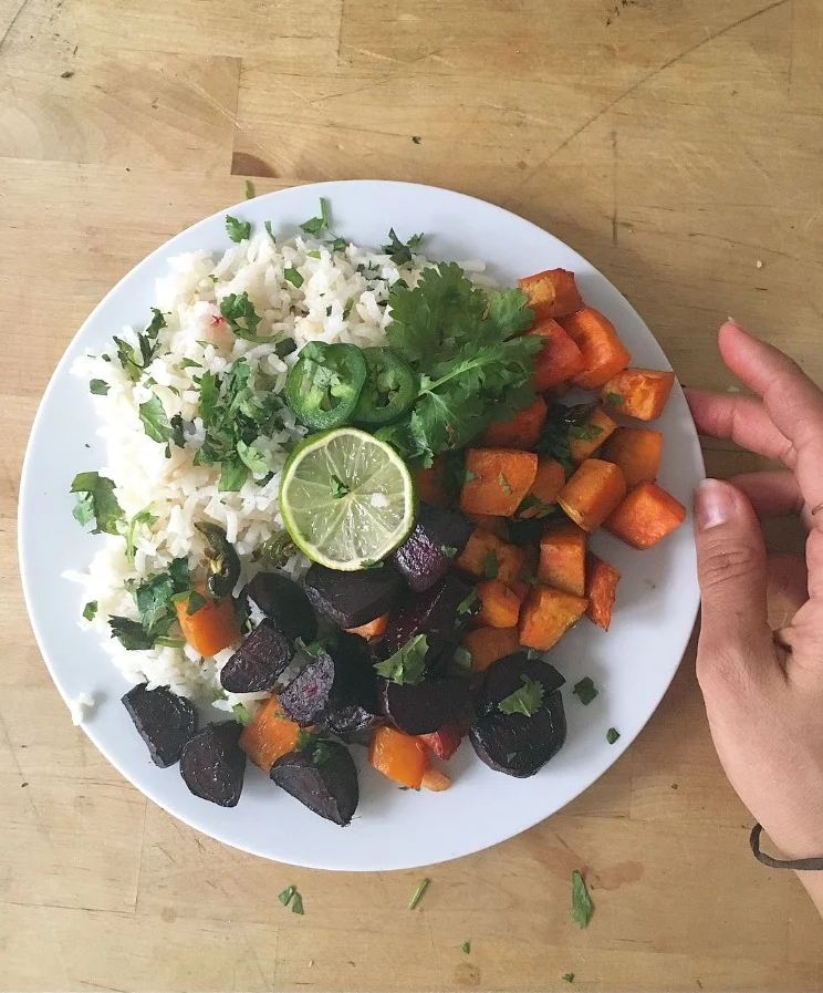 Roasted Trio veggies with cilantro lime rice