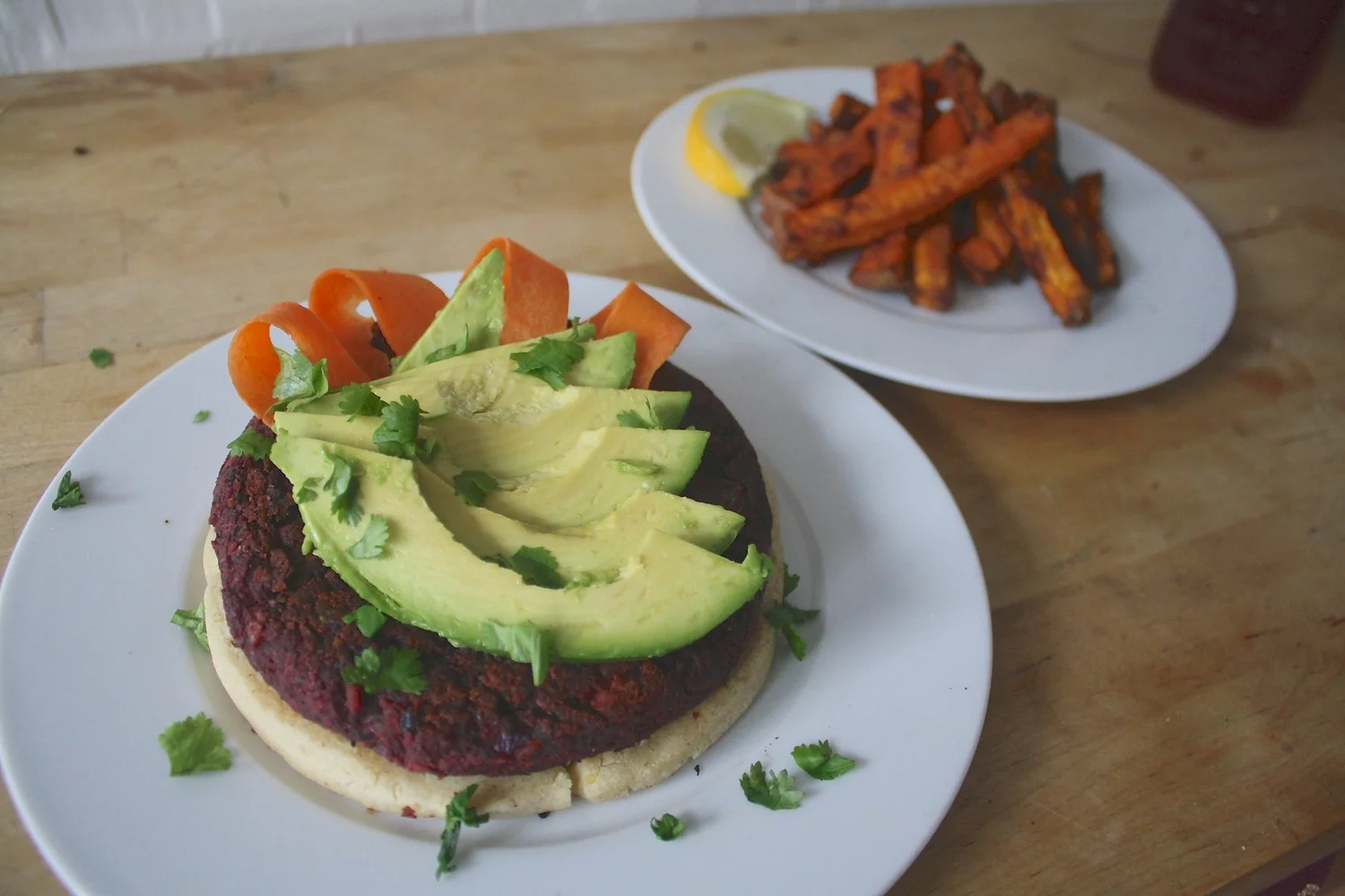 Black bean and beet burgers with sweet potato fries