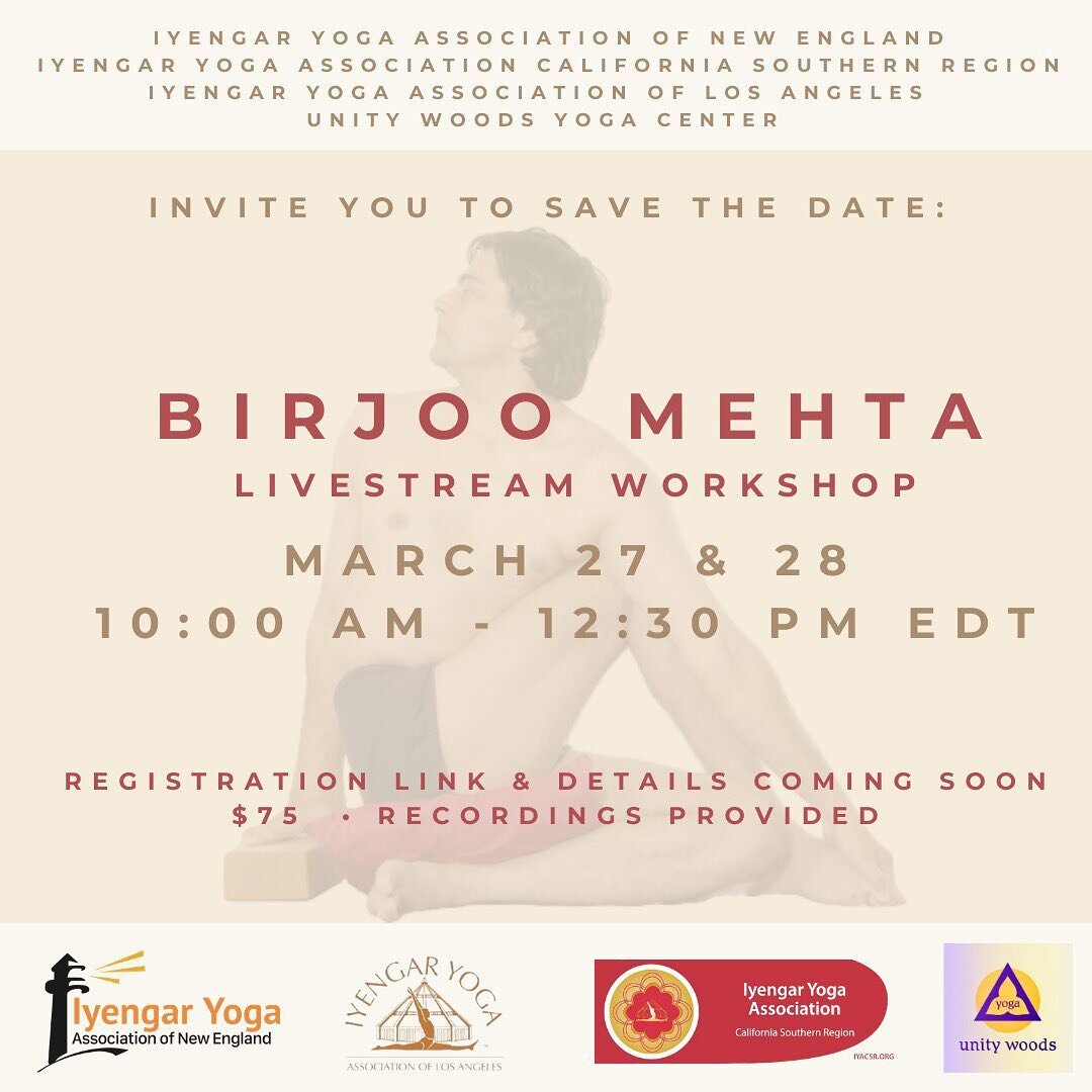 Save-the-Date!  Birjoo will be teaching a 2 day workshop, March 27-28.  Stay tuned for details and reservation link. 

#birjoo #birjoomehta #iyengar #iyengaryoga #iyengaryogalivestreams #iyengaryogateacher #bksiyengar #iyengaryogazoom #iyengaryogawor