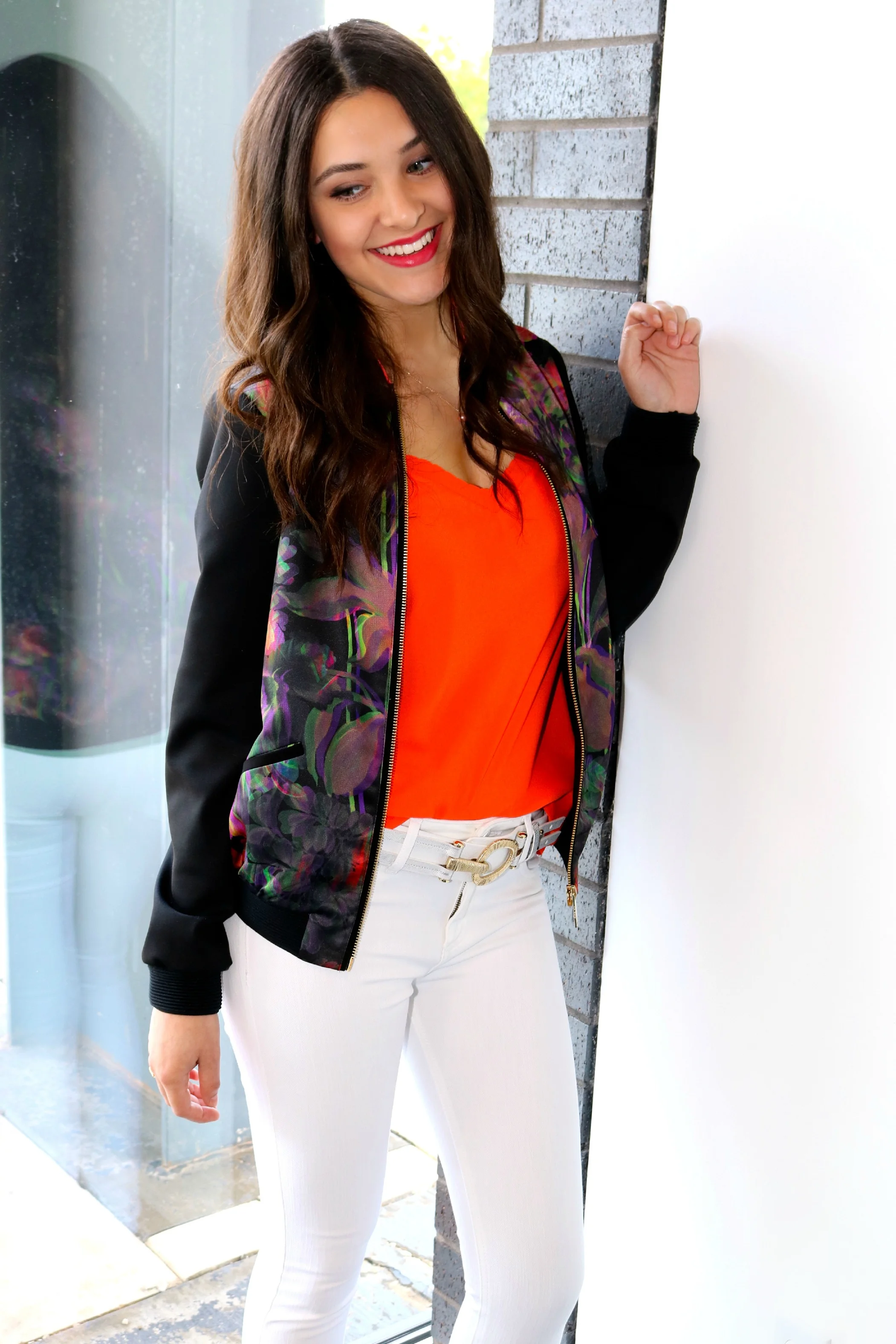 All clothing and accessories are from LIBERTÉ sold in-store only. Ted Baker TIRRIL Jacket $325 , Cami $65, DL1961 Florence in Milk $178 . 