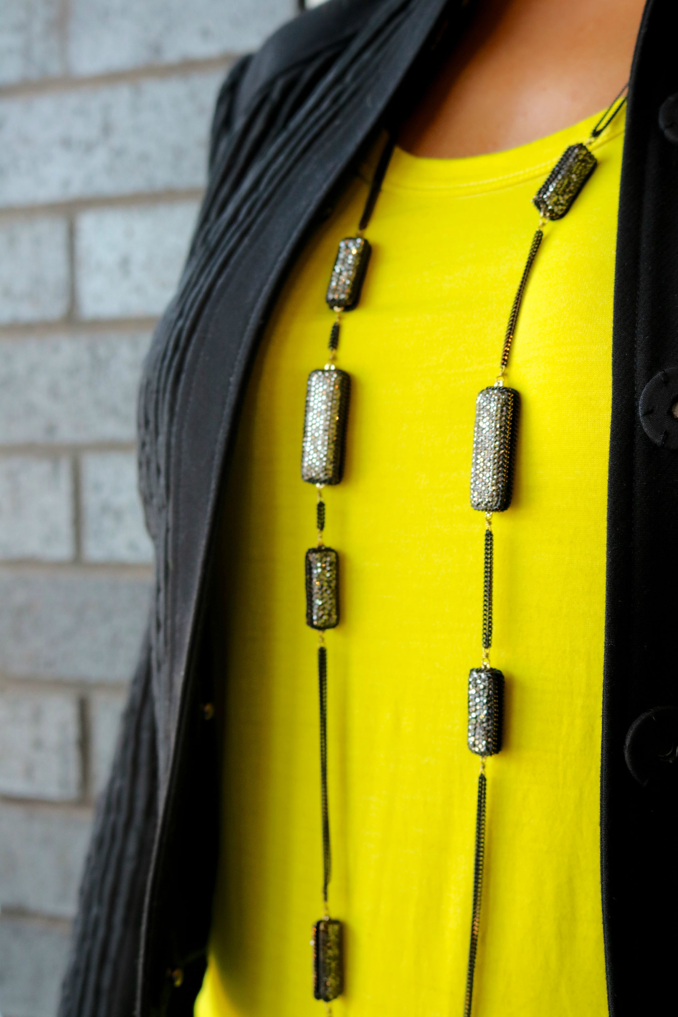 Rectangular Long Strand Necklace Black & Gold Available In Store Only 