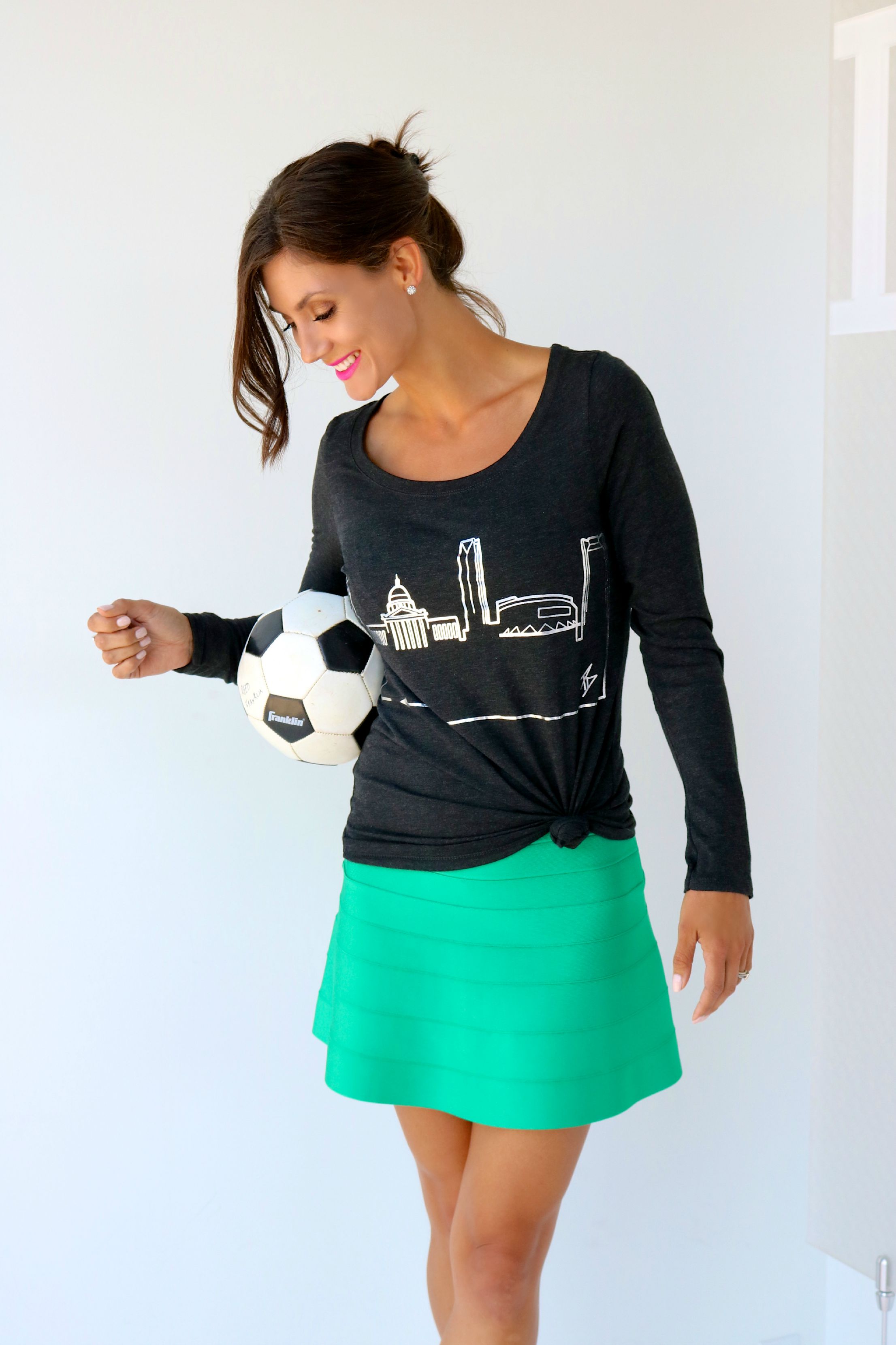 Hervé Leger Above Knee Dress in Green Opal and OKC Skyline Tee Available In Store and Online. 
