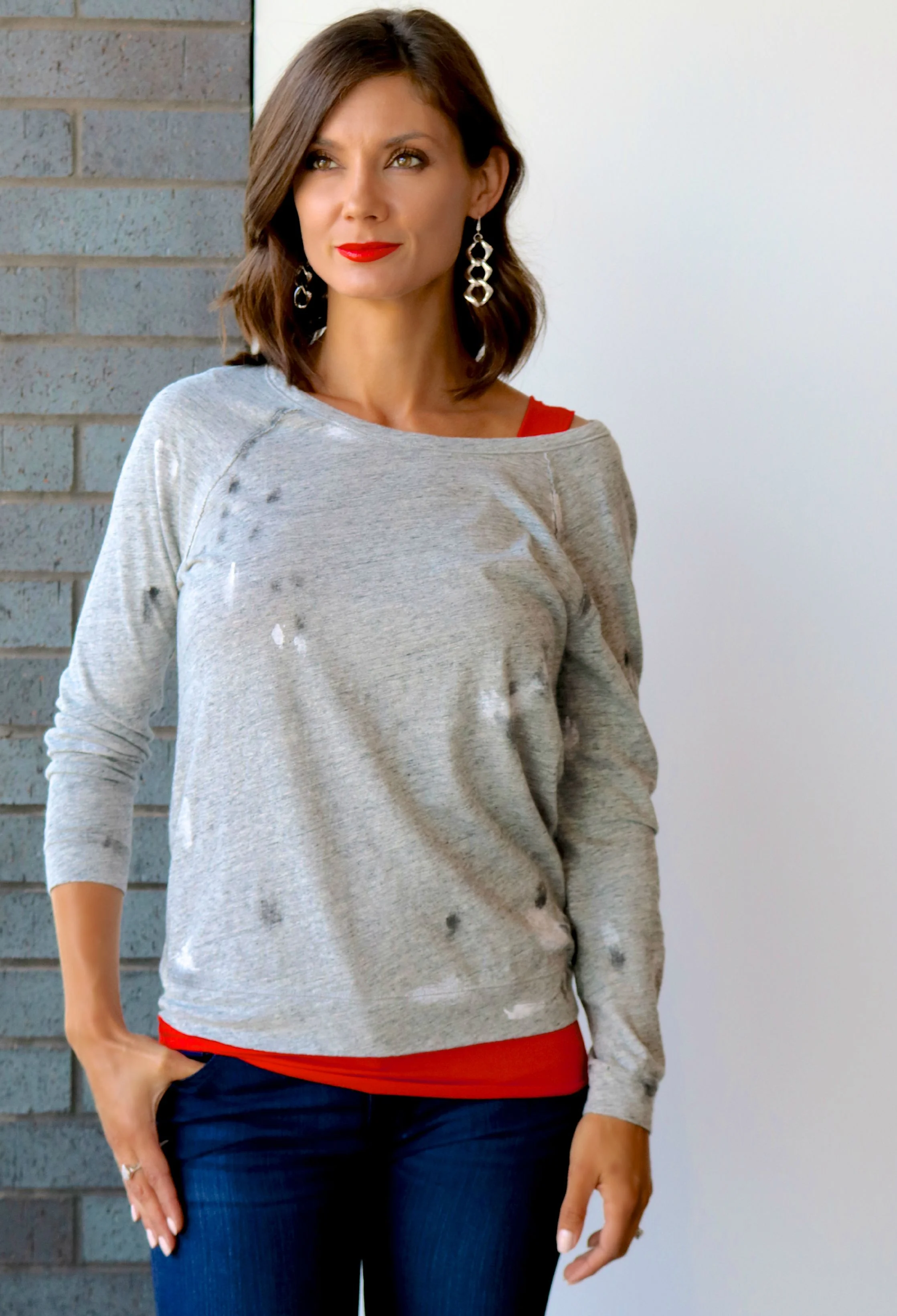 Majestic Paint Splatter Raglan , Majestic Marrow Edge Tank in Flame, DL1961 Nicky jeans in Wooster