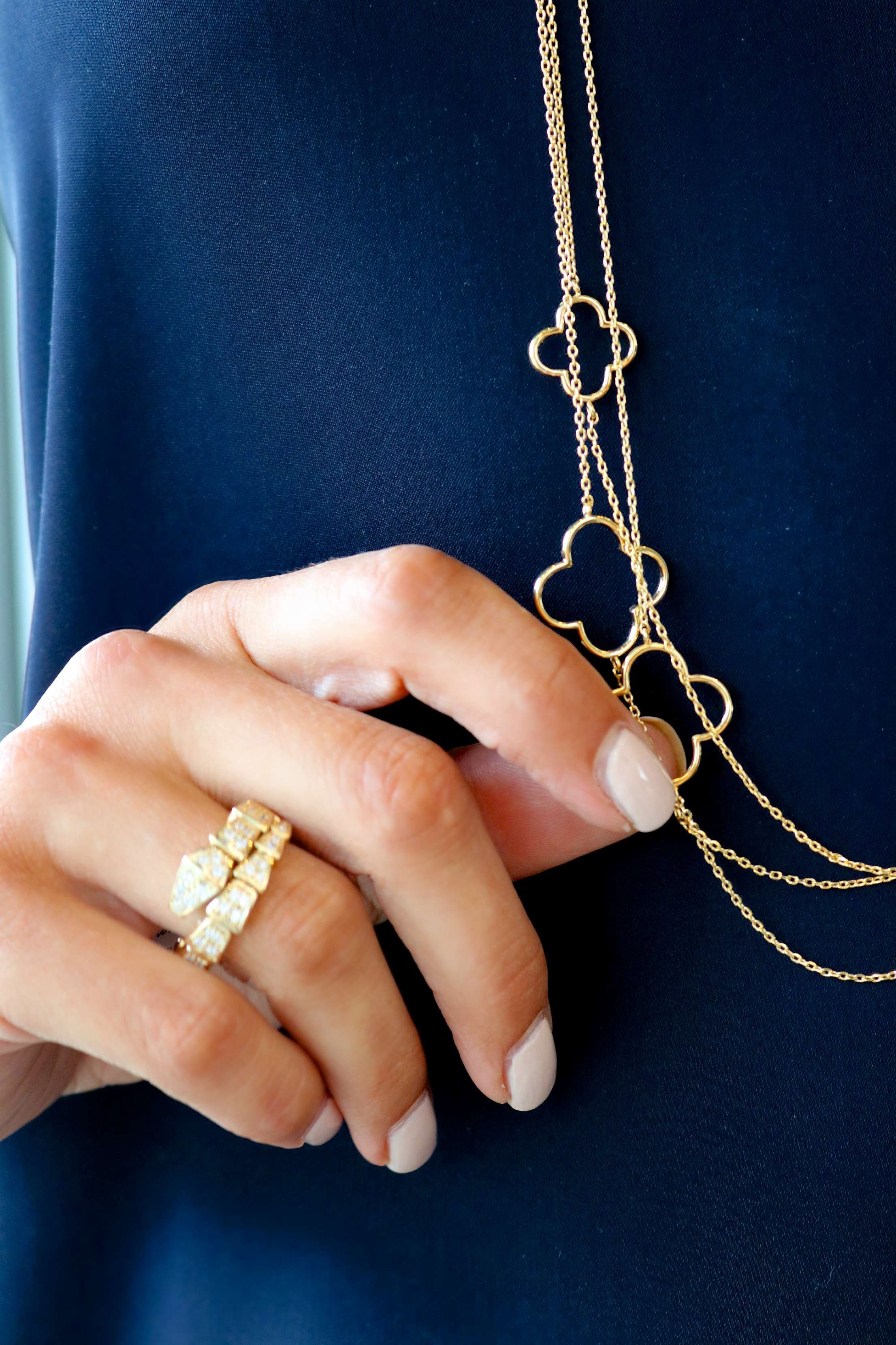 Snake Ring in Gold, Clover Long Strand Necklaces in Gold 