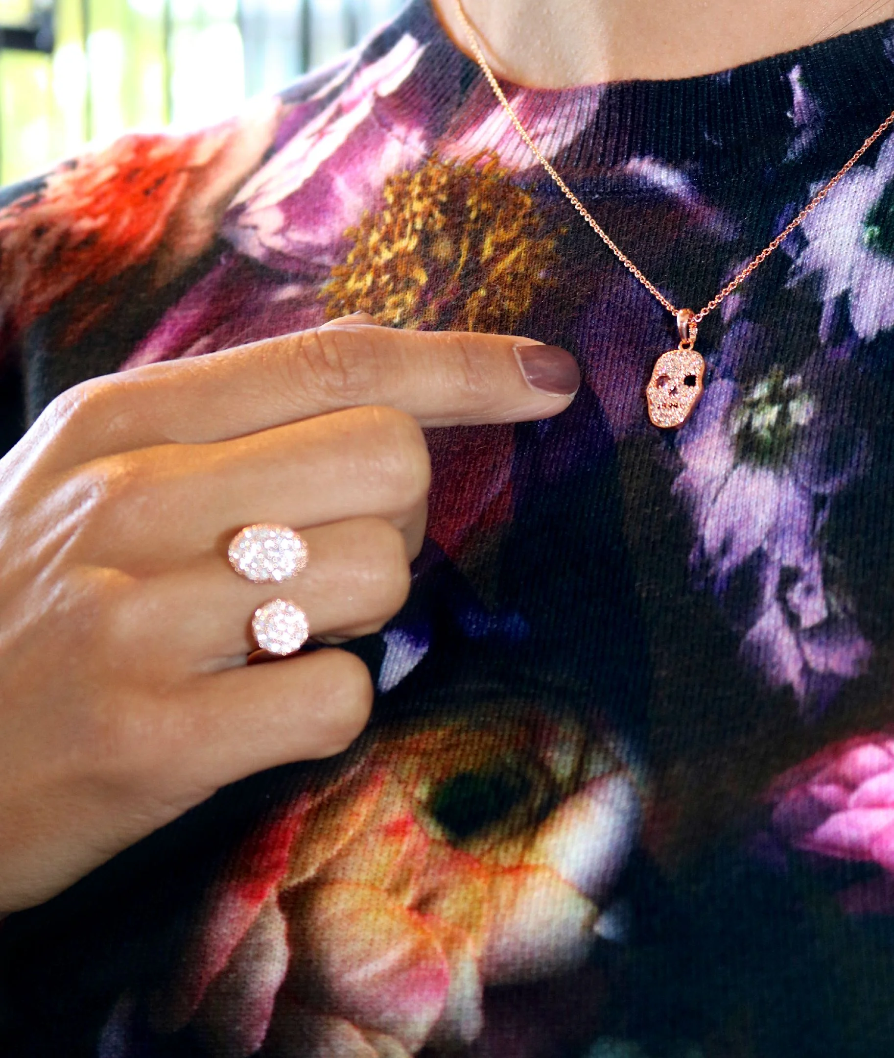Sun & Moon Ring and Pave Skull Necklace both in Rose Gold 