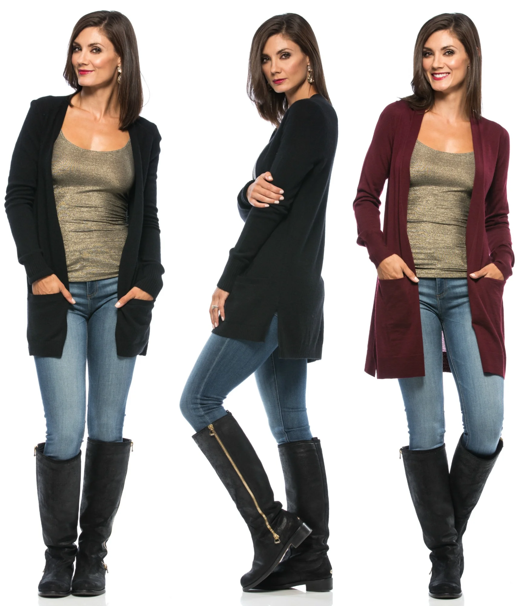 Christopher Fischer 7 Gauge Long Cardigan in Black . Annette 16 Gague Long Cardigan in Burgundy 