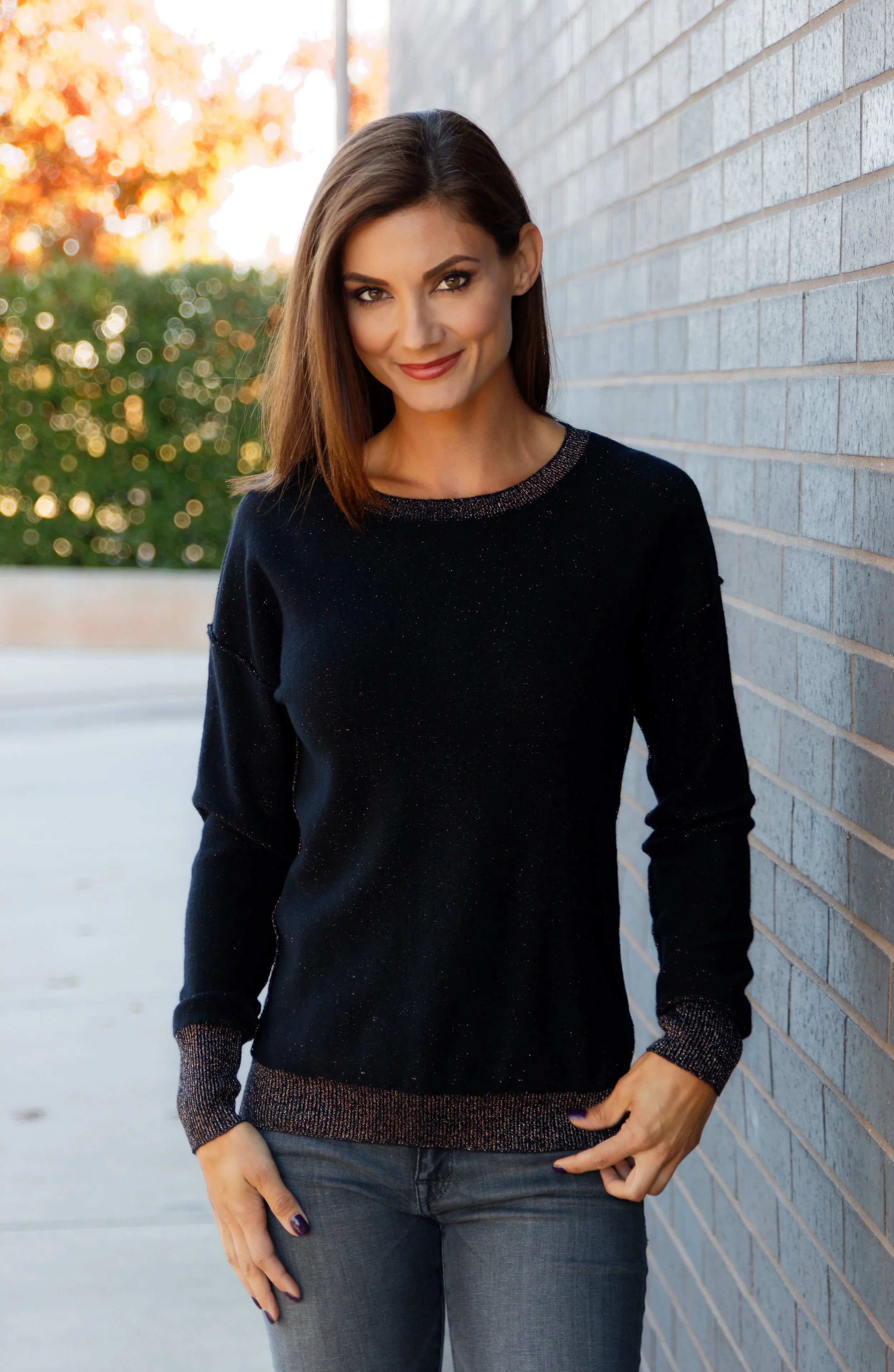 Germaine 16 Gauge Crew Neck Sparkle in Black and Metallic Bronze