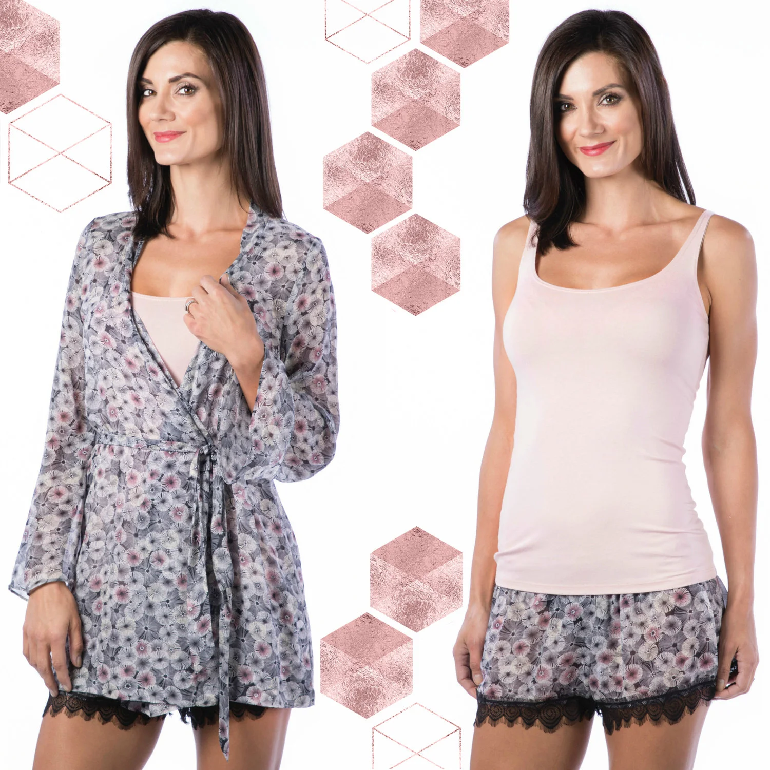 Pink Moon Short Robe // $195; Pink Moon Sleep Shorts // $65; SoFine Skinny Tank in Nudie // $43