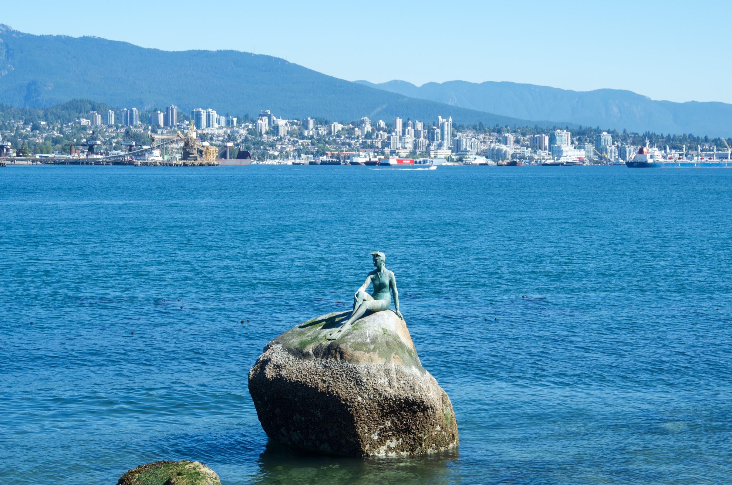  Girl in a wetsuit with North Vancouver in the background, Stanley Park, Vancouver, British Columbia, Canada 