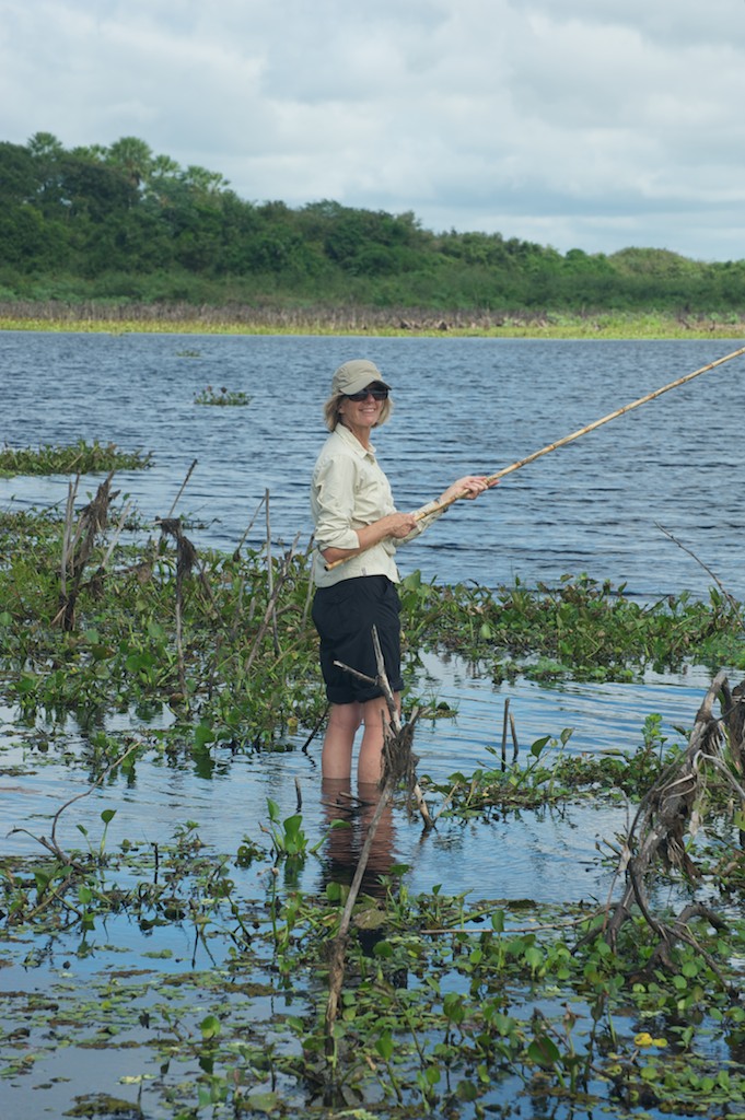 Corinne piranha fishing, Pantanal, Brazil, 21 Apr 2012