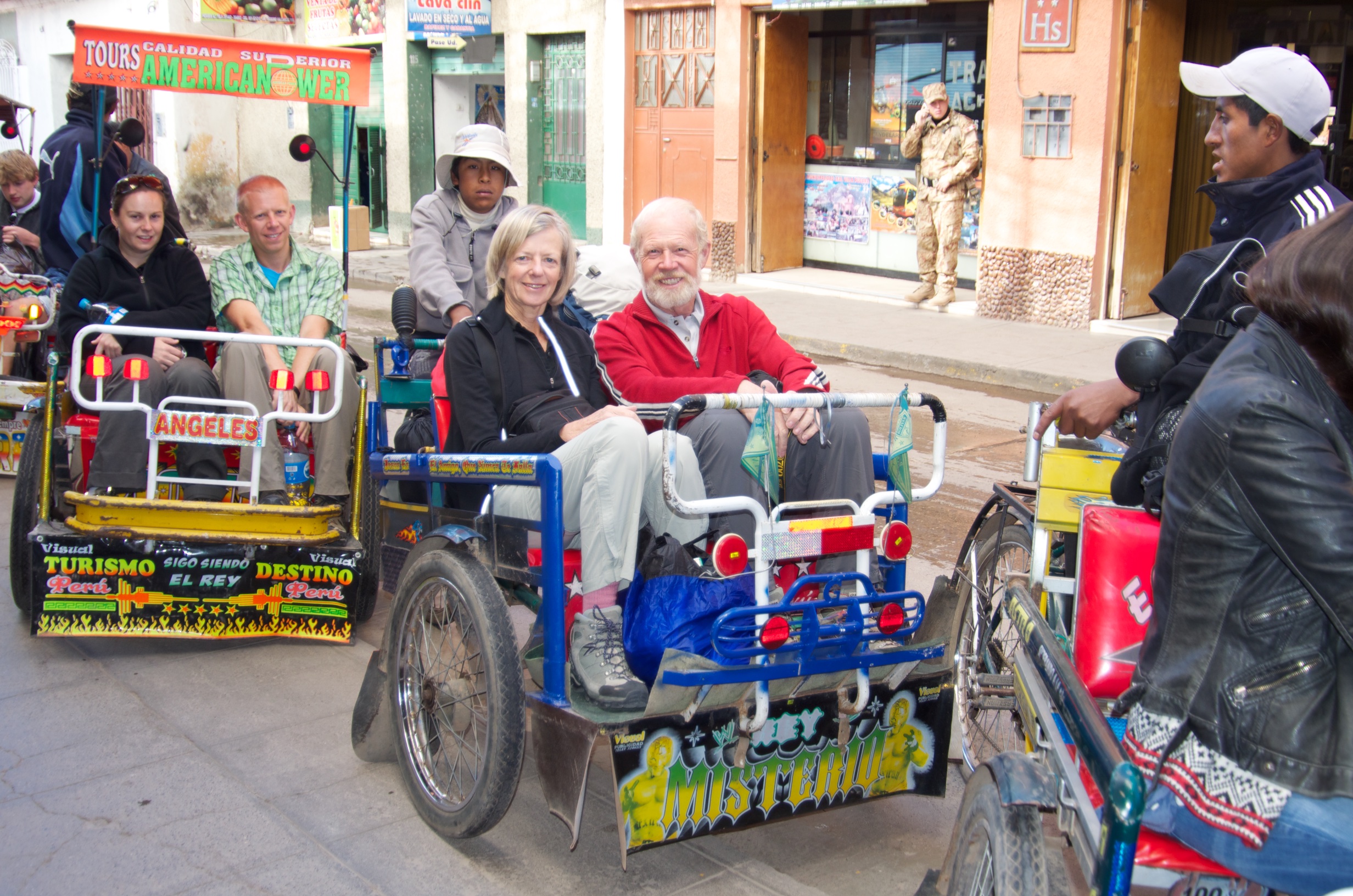  Corinne &amp; Tony, Marcus &amp; Deb in tricycle taxis Puno, Lake Titicaca, Peru 
