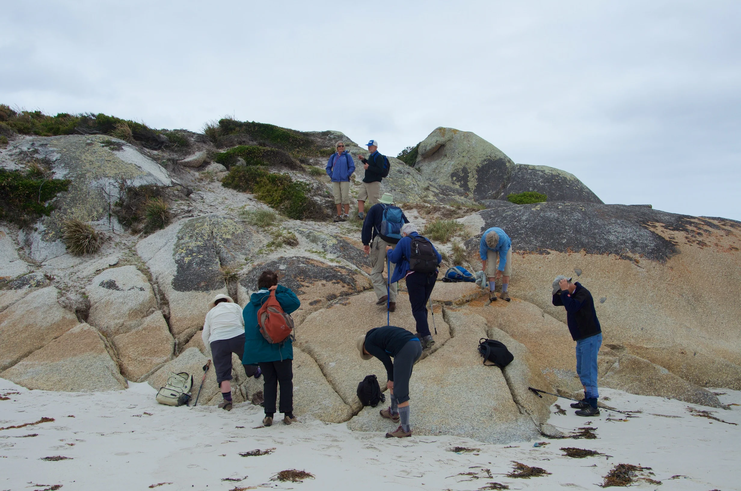 Group at end of beach, Abbotsbury Beach, Bay of Fires, Trans Siberian Group Reunion in Tasmania, 9 Feb 2015.jpg