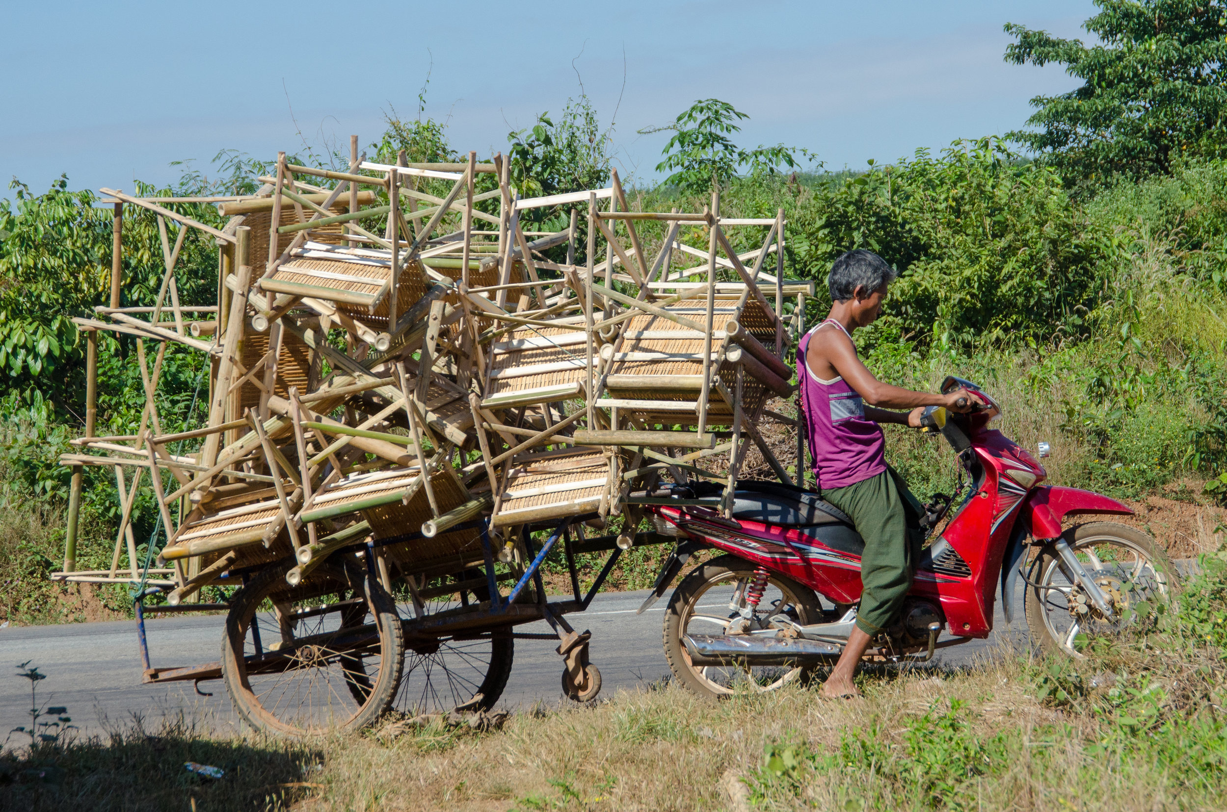 Transporting bamboo furniture, Moke, Kha Mu, Myanmar