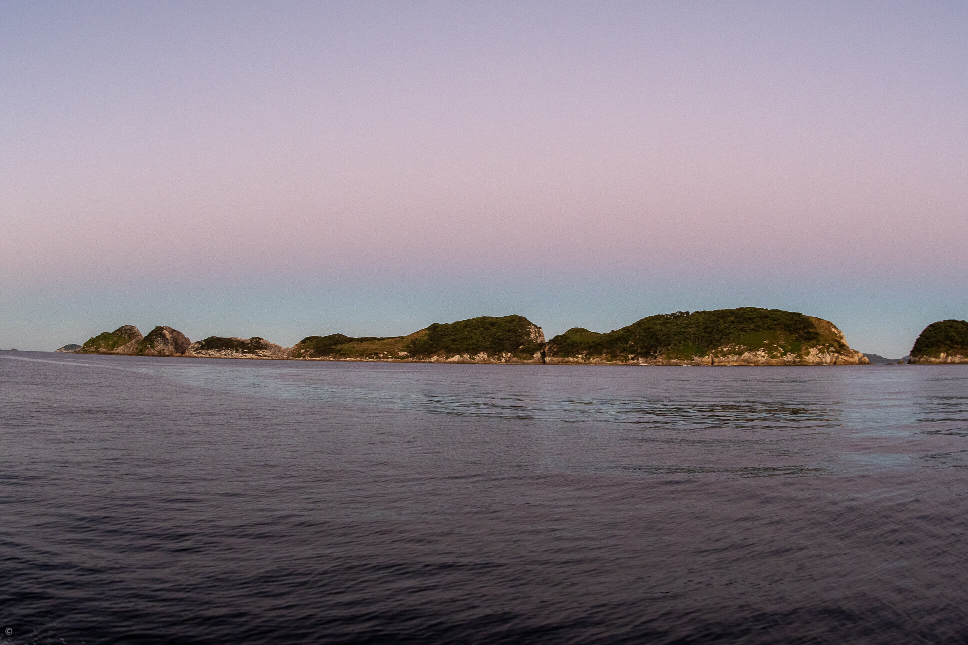 Breaksea Islands at sunrise from Bramble Cove