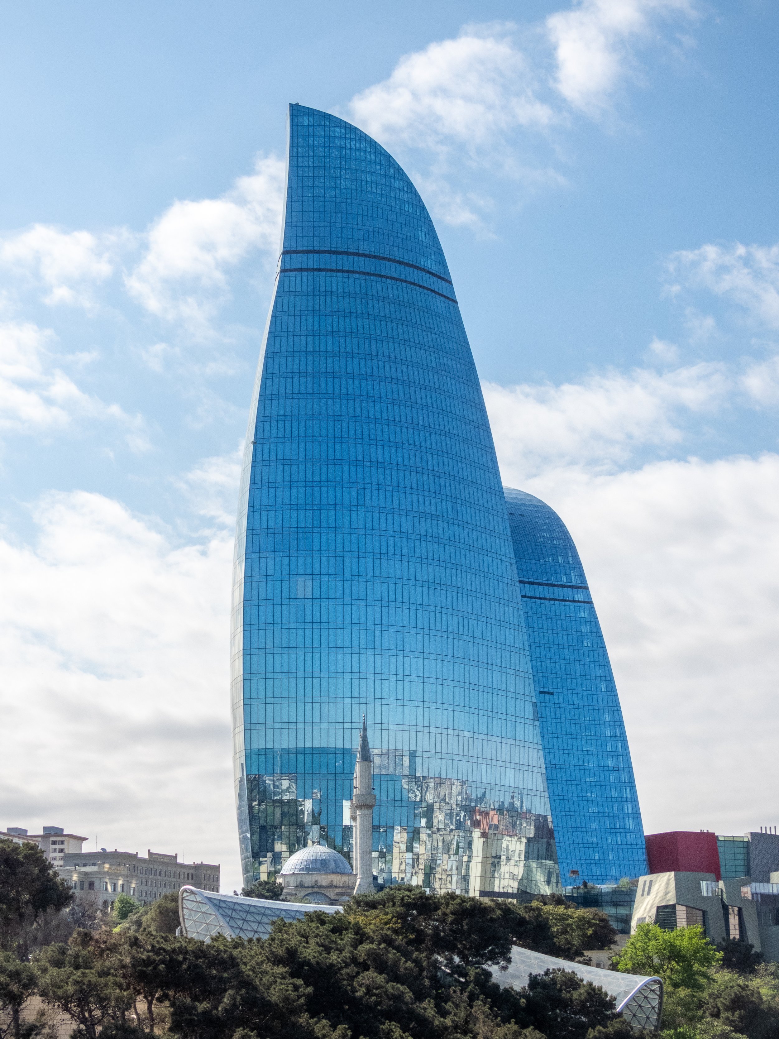 Flame Towers from Şəhidlər Xiyabanı (Martyrs' Lane), Baku, Azerbaijan