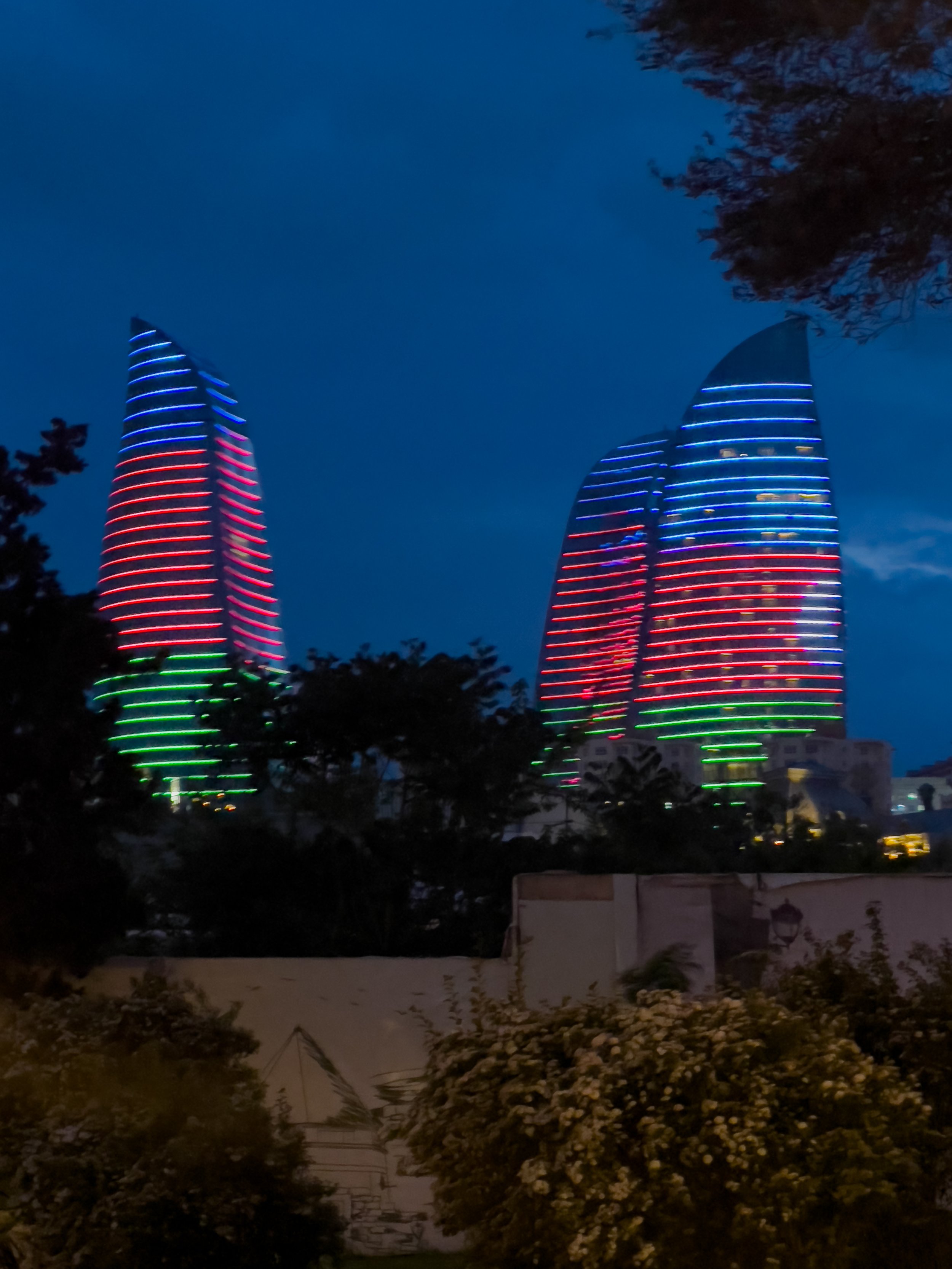 Flame Towers at night from Old City, Baku, Azerbaijan