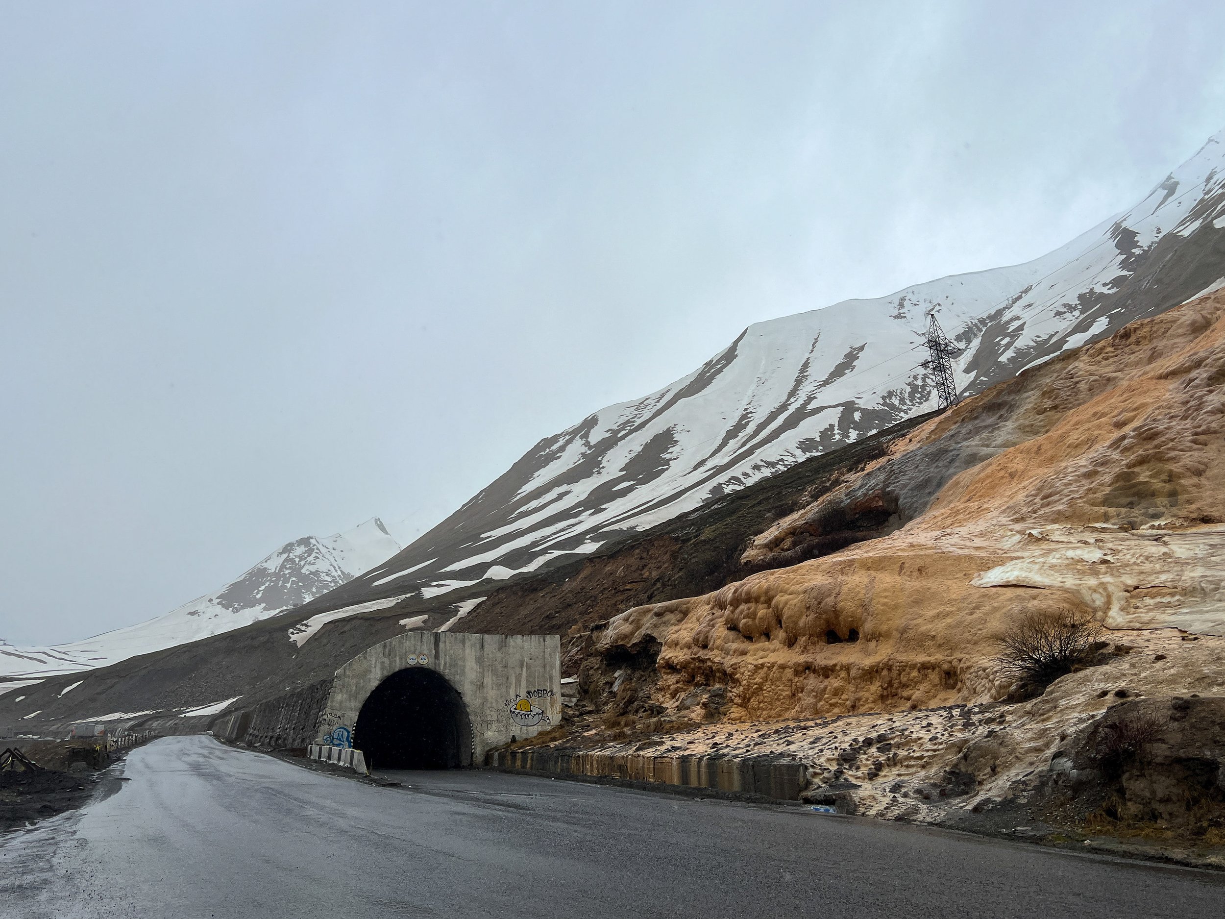 Tunnel for transport during winter on road from Kasbegi to Guadari, Caucasus Mts, Georgia