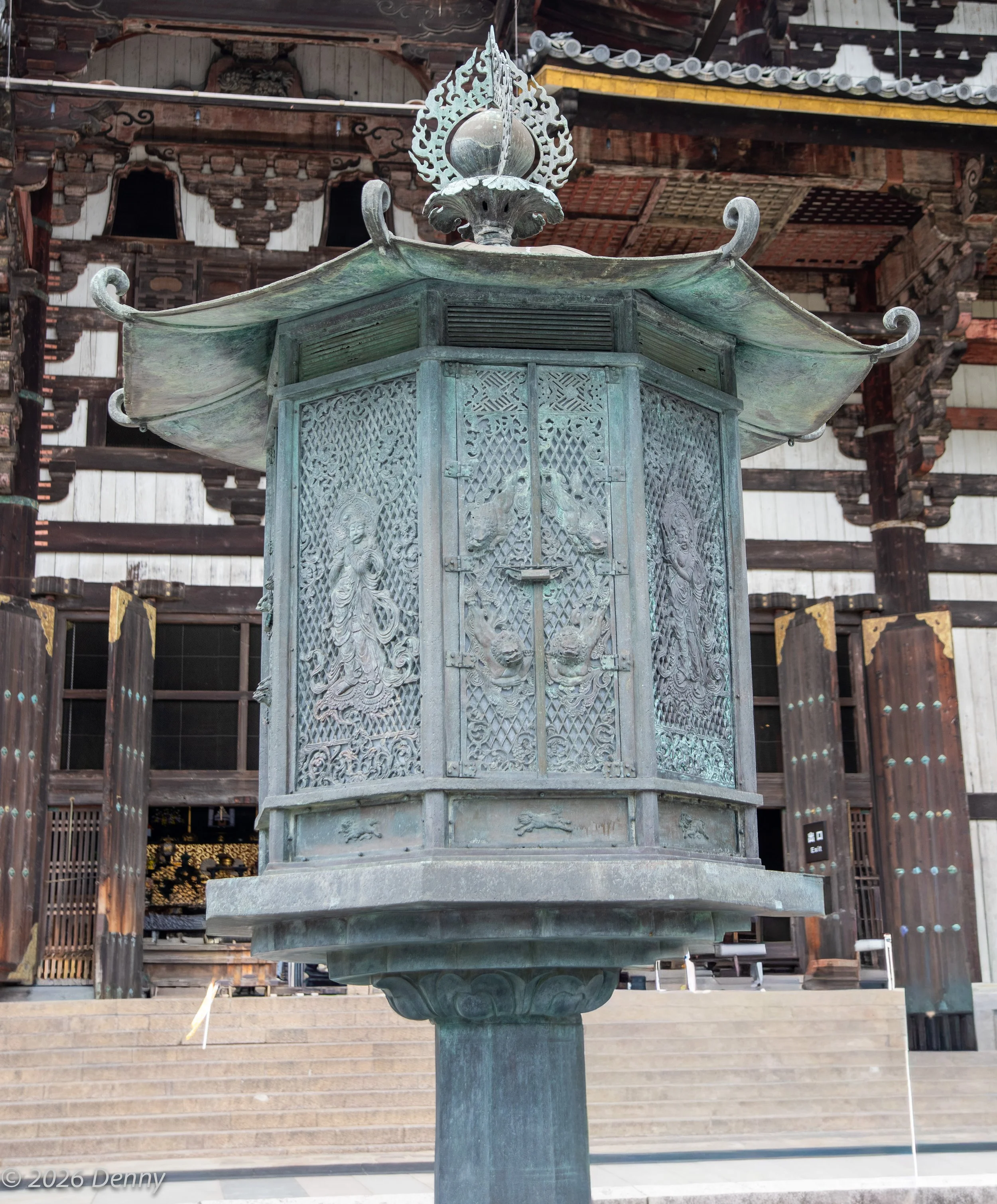 Octagonal bronze lantern at entrance to Todai-Ji Temple, Nara, Japan