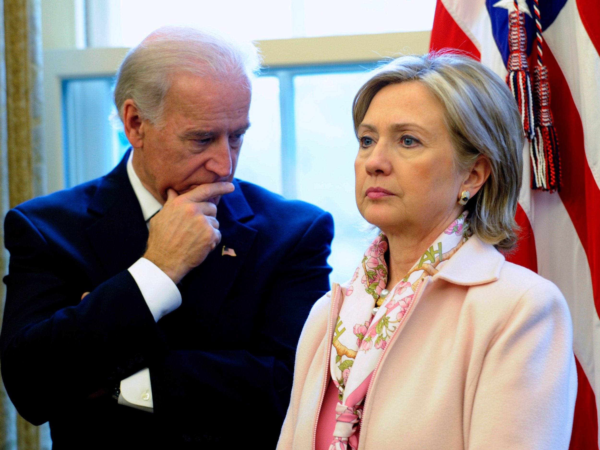 Biden: Do you ever miss those talks we had on the elevators? Hillary: No. Biden: Come on. Remember how we'd always ask you about life on the flotilla? Hillary: This conversation is over. Biden: Tell me again about your immune system. Hillary: I have a shotgun. Biden: Mmmmmaybe we'll talk later.