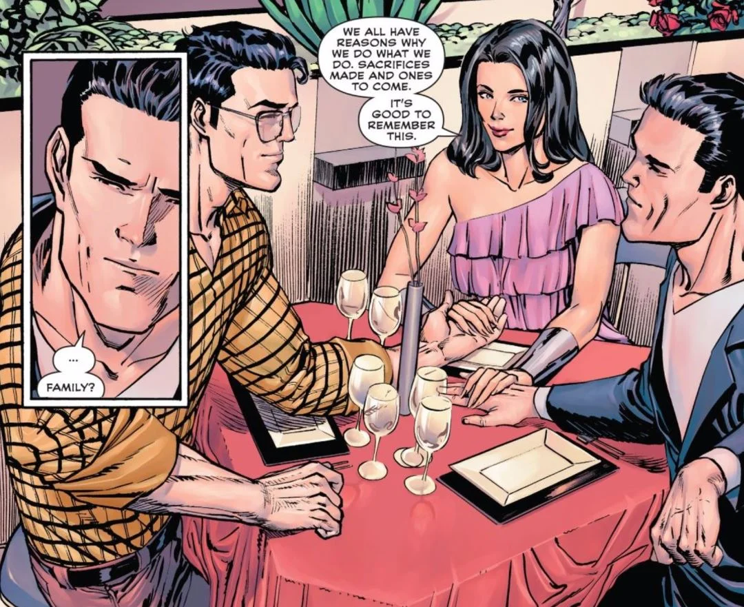 It looks like Diana just pro-posed an Eiffel tower, and Bruce and Clark are sizing each other up 